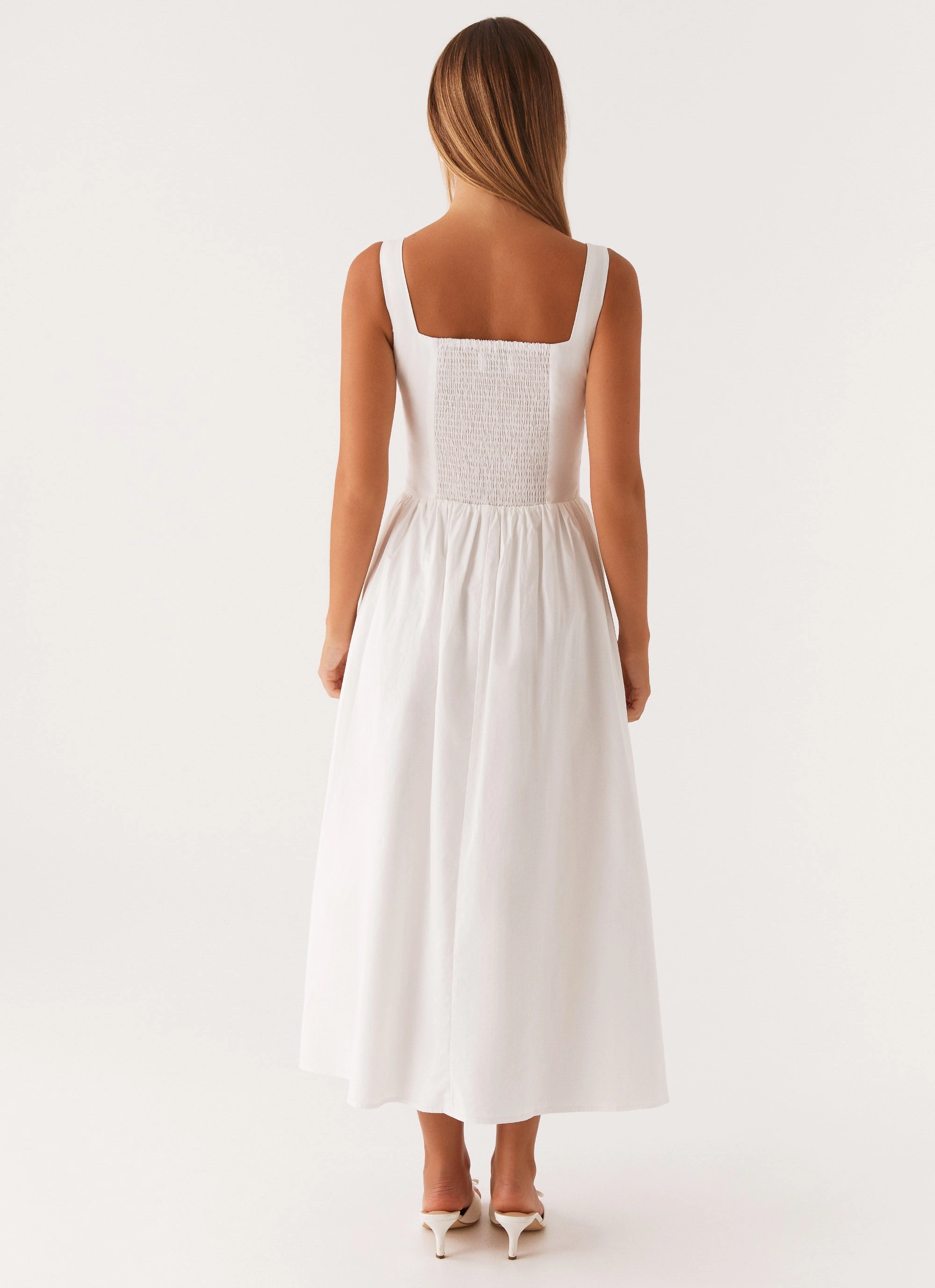 Waiting On You Midi Dress - White Urban Motion Shirred-Detail