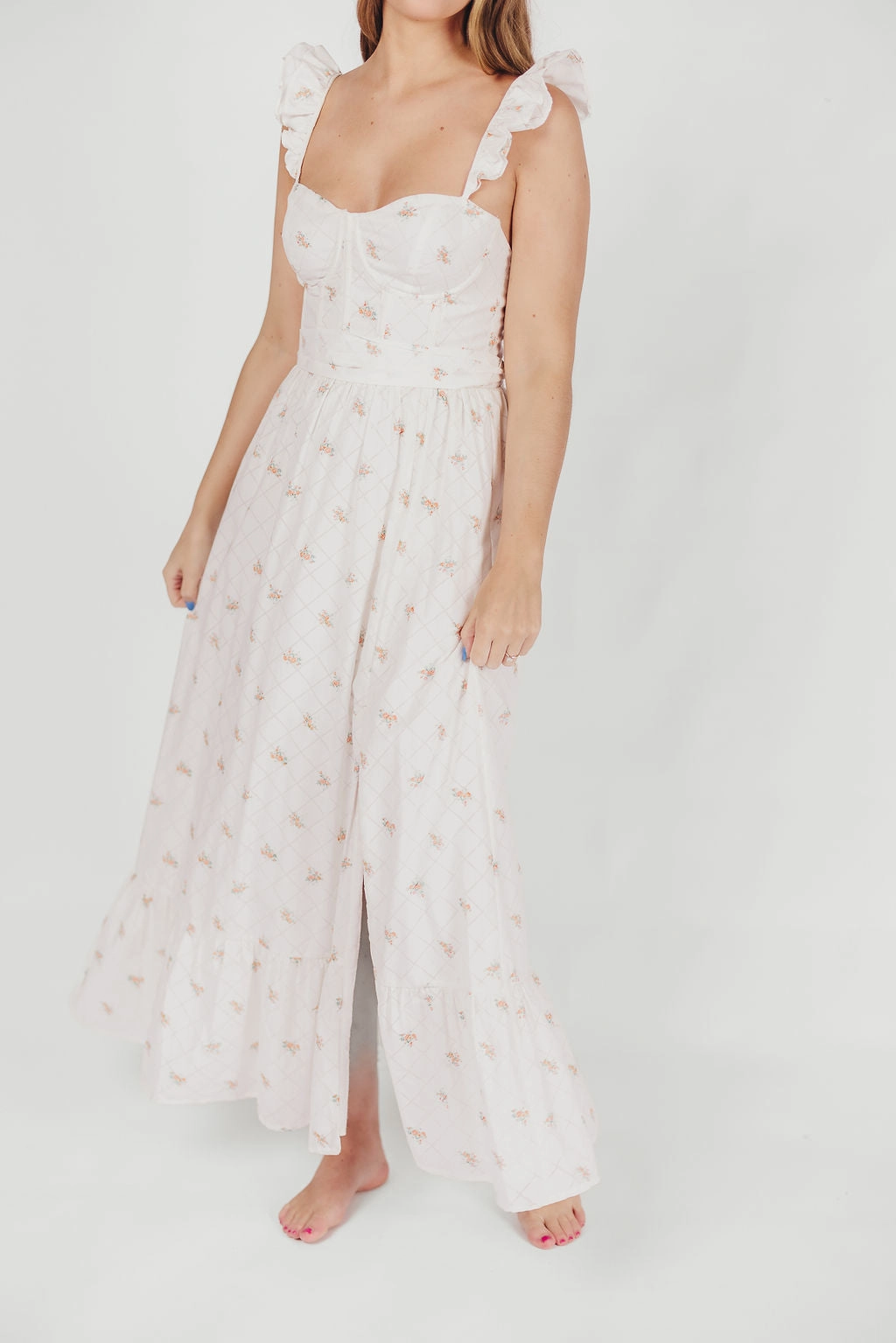 SustainableCotton Rosamund Bustier-Style Maxi Dress in White/Orange Floral - Inclusive Sizing (S-XL)