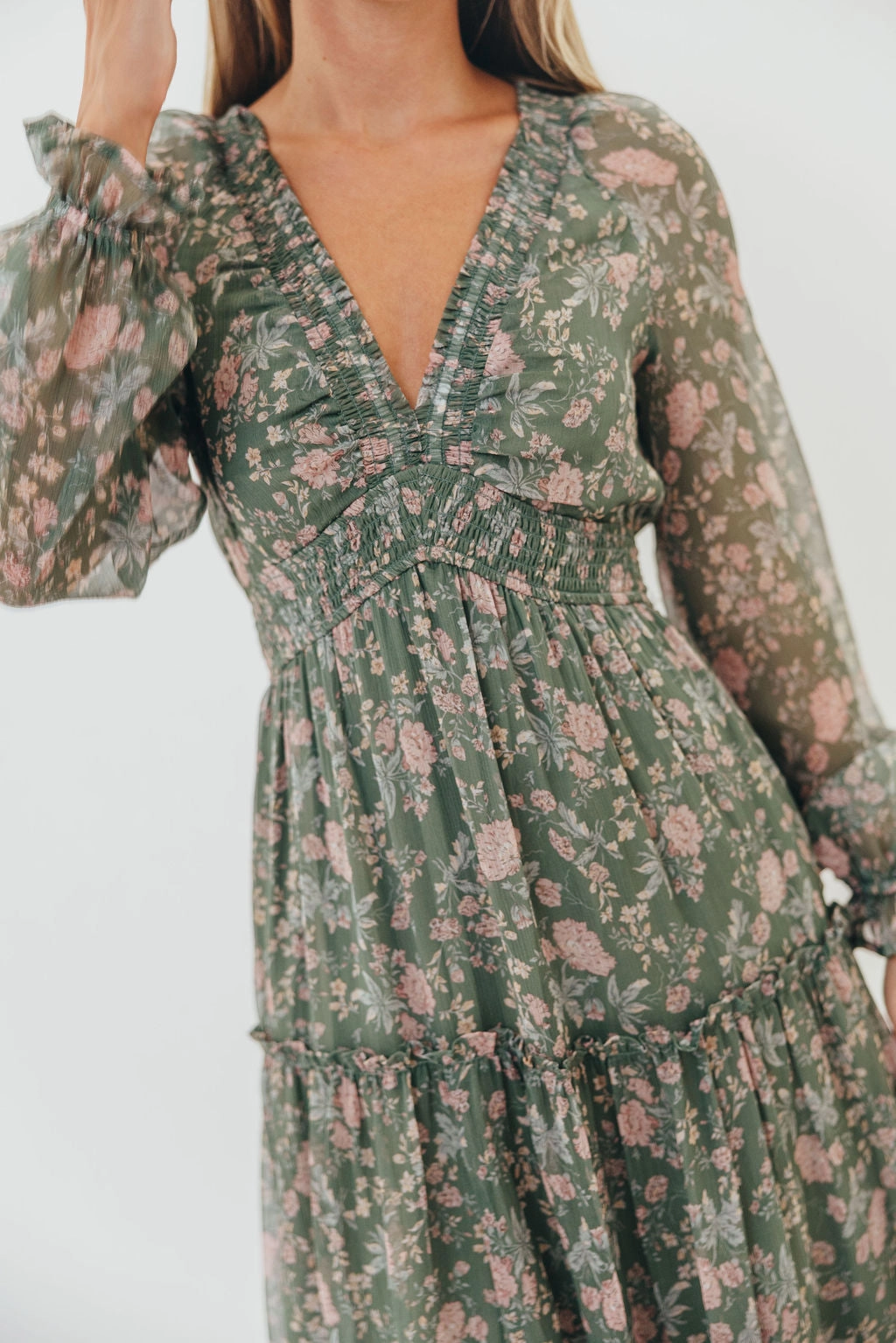 Rosita Floral Maxi Dress in Dusted Eucalyptus Tactile Feel Refined fit