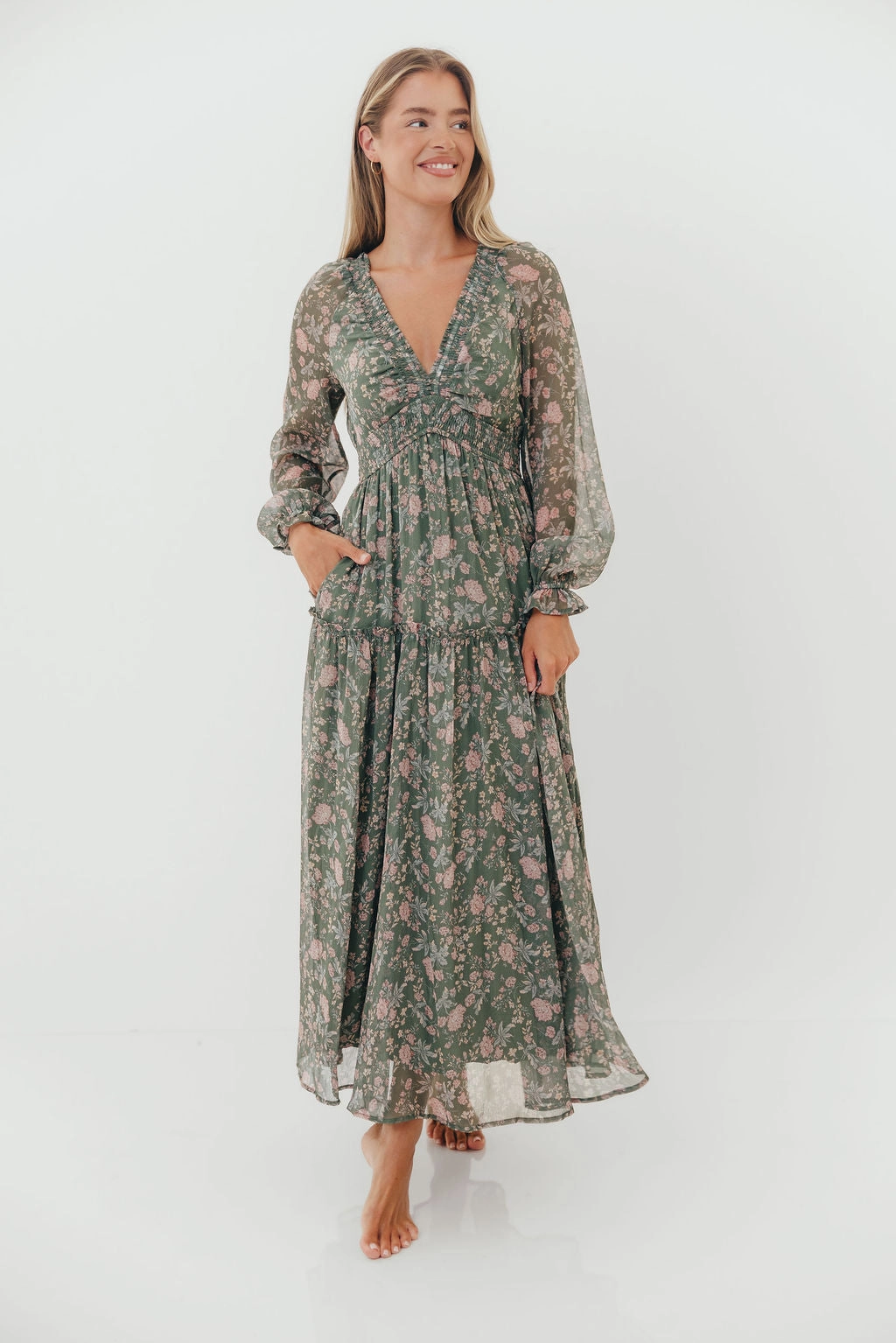 Rosita Floral Maxi Dress in Dusted Eucalyptus Charming Design Formal Look
