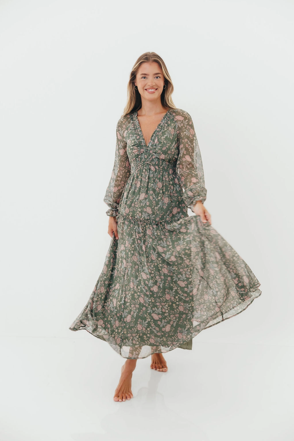 Rosita Floral Maxi Dress in Dusted Eucalyptus Soft Detail