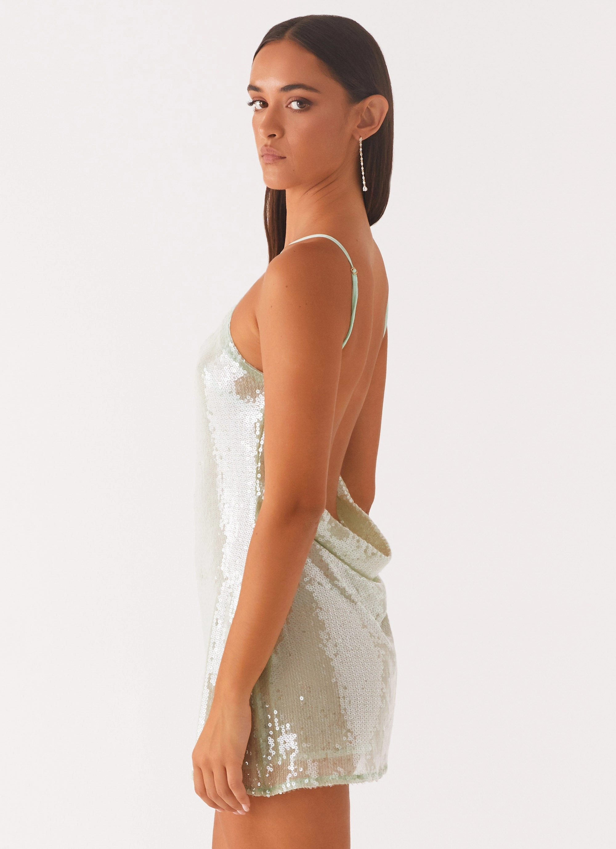 Radiant Energy Cowl Back Mini Dress - Mint Gathered Skirt Clean Finish