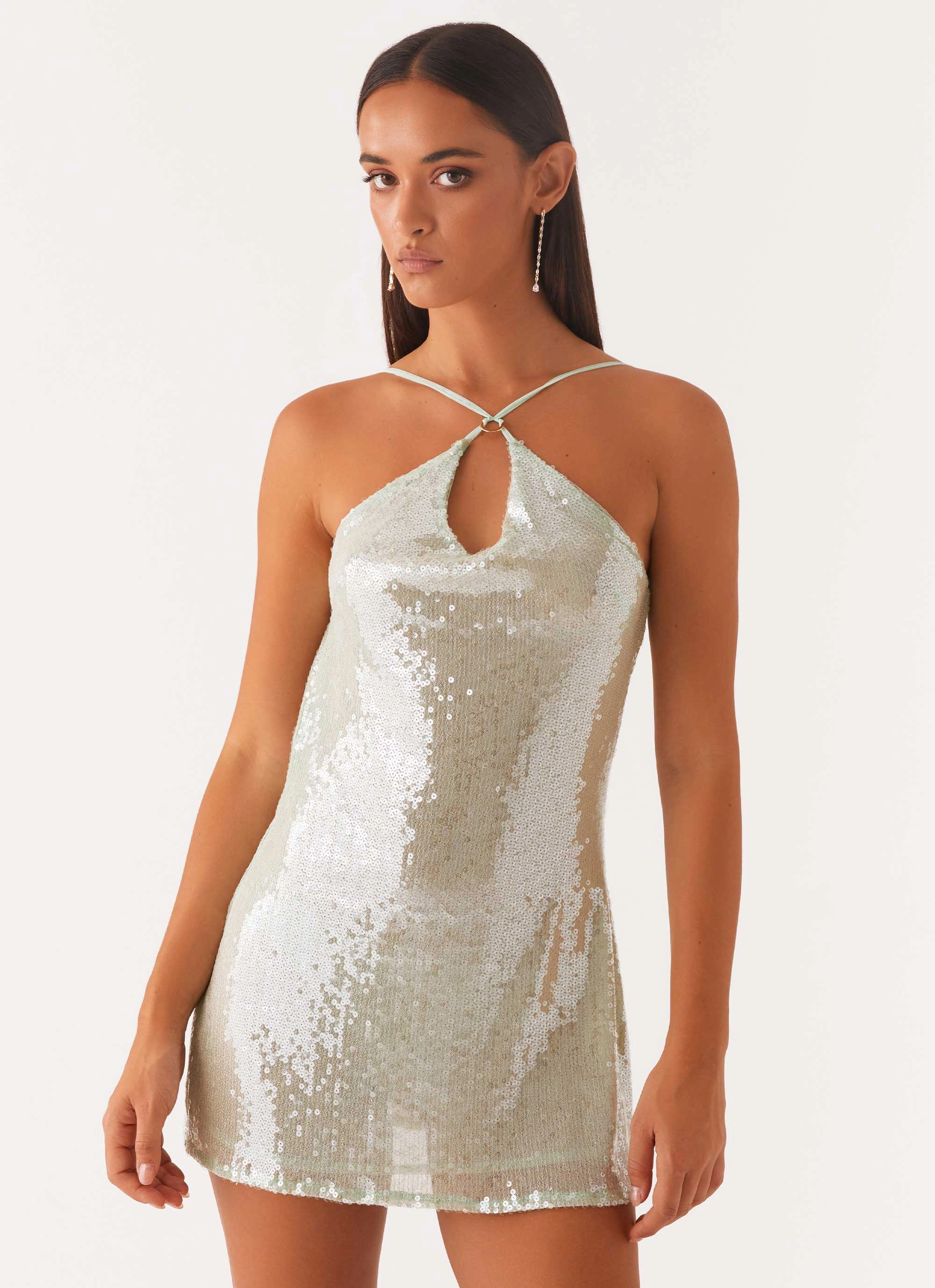 Low Maintenance Evening Vibe Radiant Energy Cowl Back Mini Dress - Mint