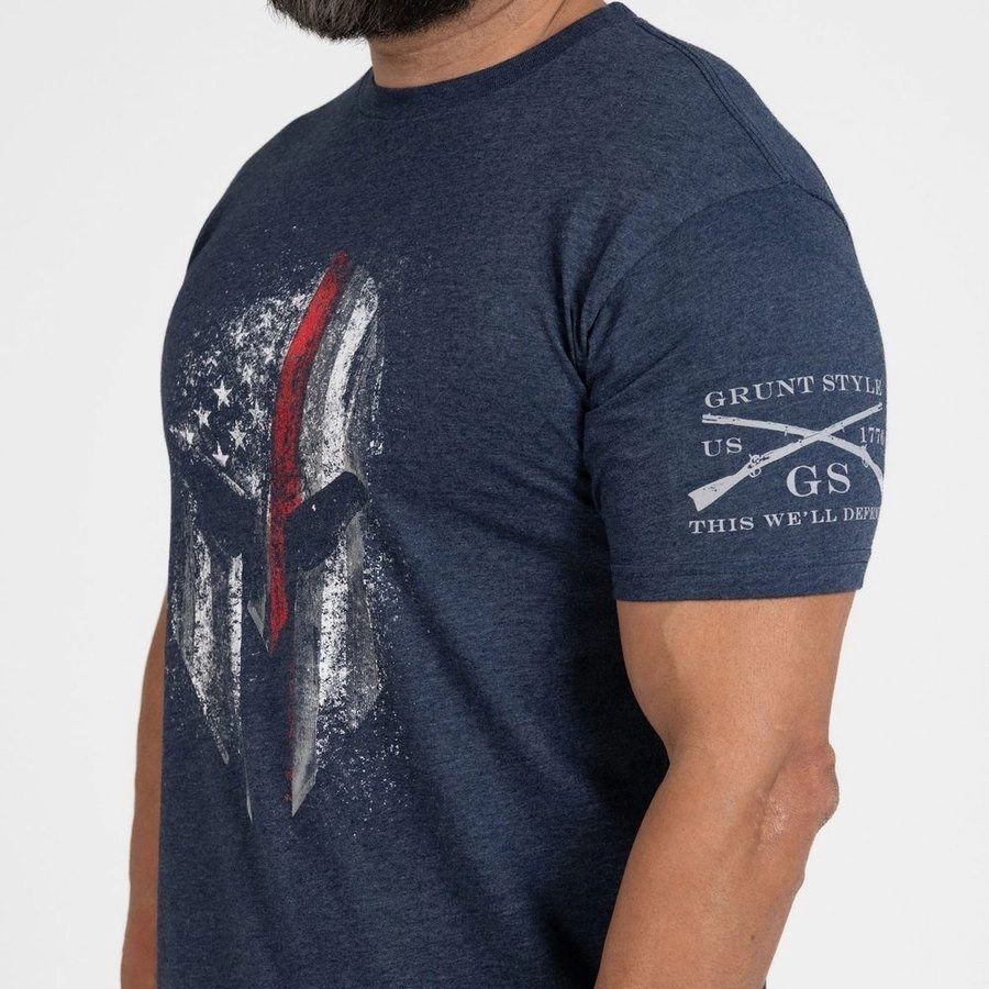 DoubleStitchedHem Comfortable Weave Red Line Spartan T-Shirt - Midnight Navy
