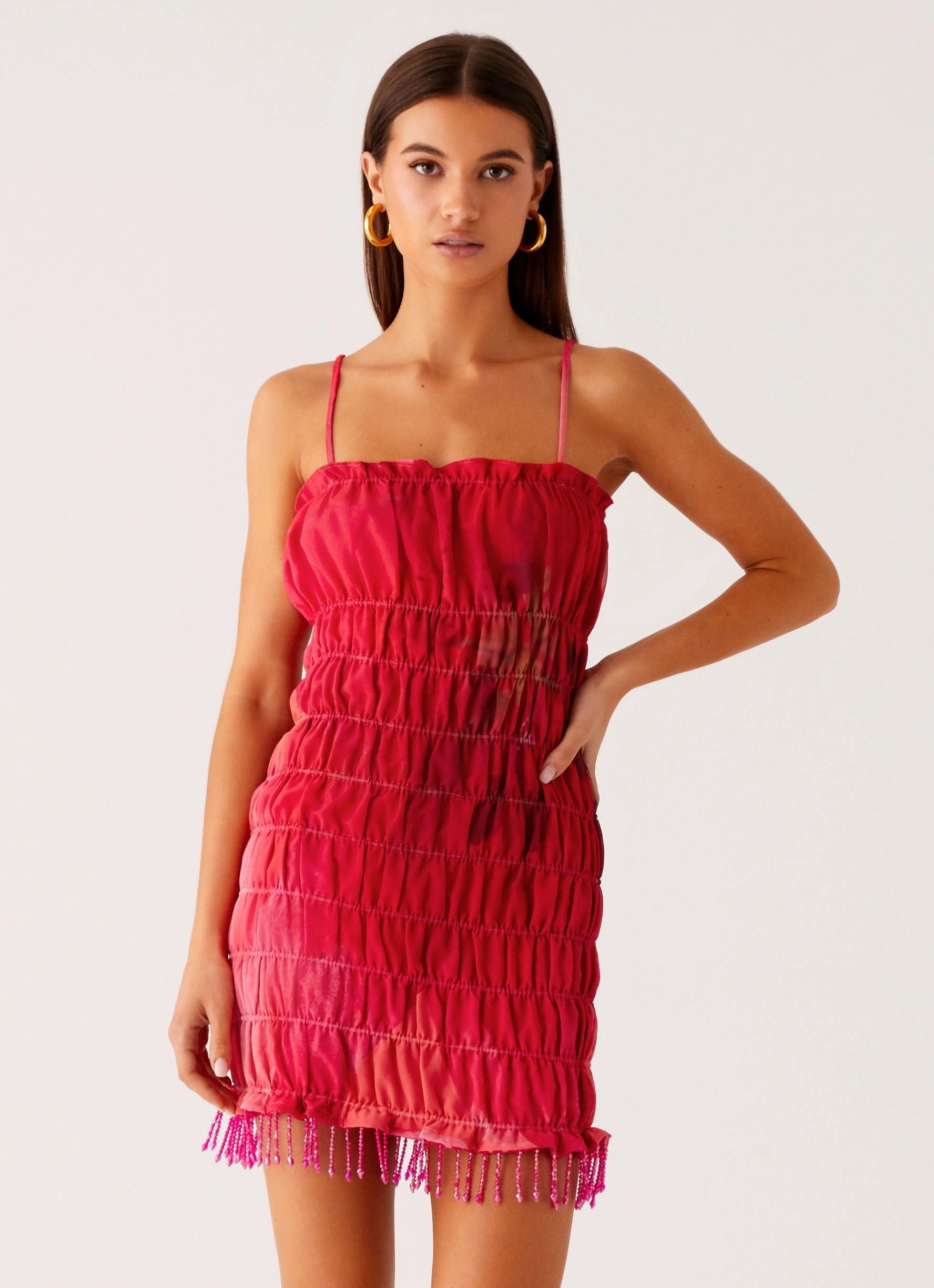 Statement-Piece Refresh Me Chiffon Mini Dress - Peach Watermelon Flower