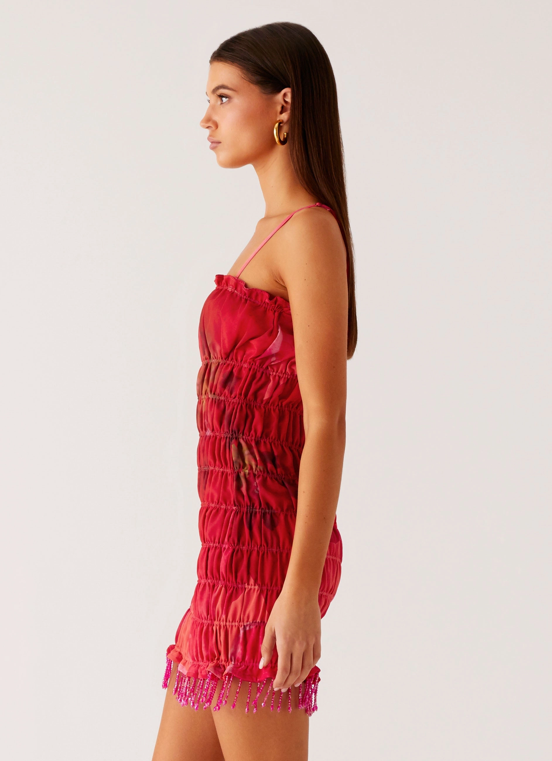 Calm Lines Smooth Mood Refresh Me Chiffon Mini Dress - Peach Watermelon Flower