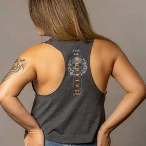 Timeless Wear Women's I Survive Racerback Cropped Tank - Dark Heather Gray