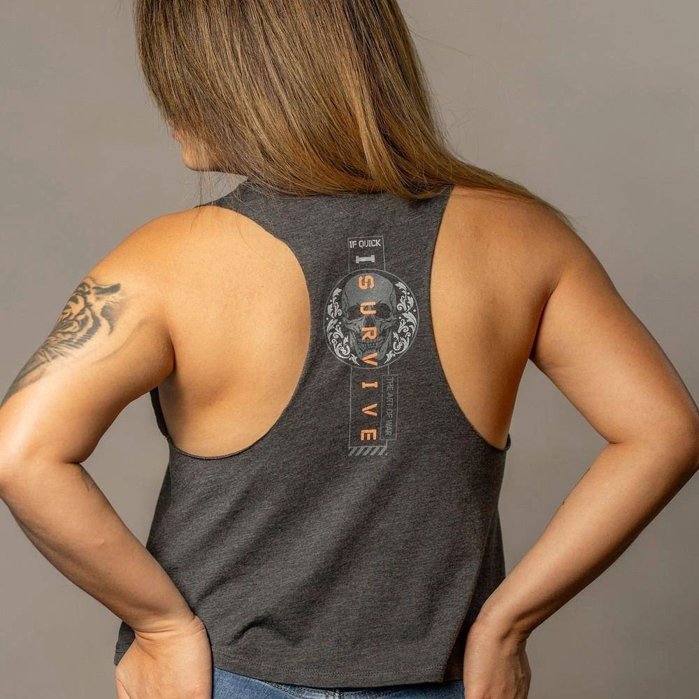 Timeless Wear Women's I Survive Racerback Cropped Tank - Dark Heather Gray