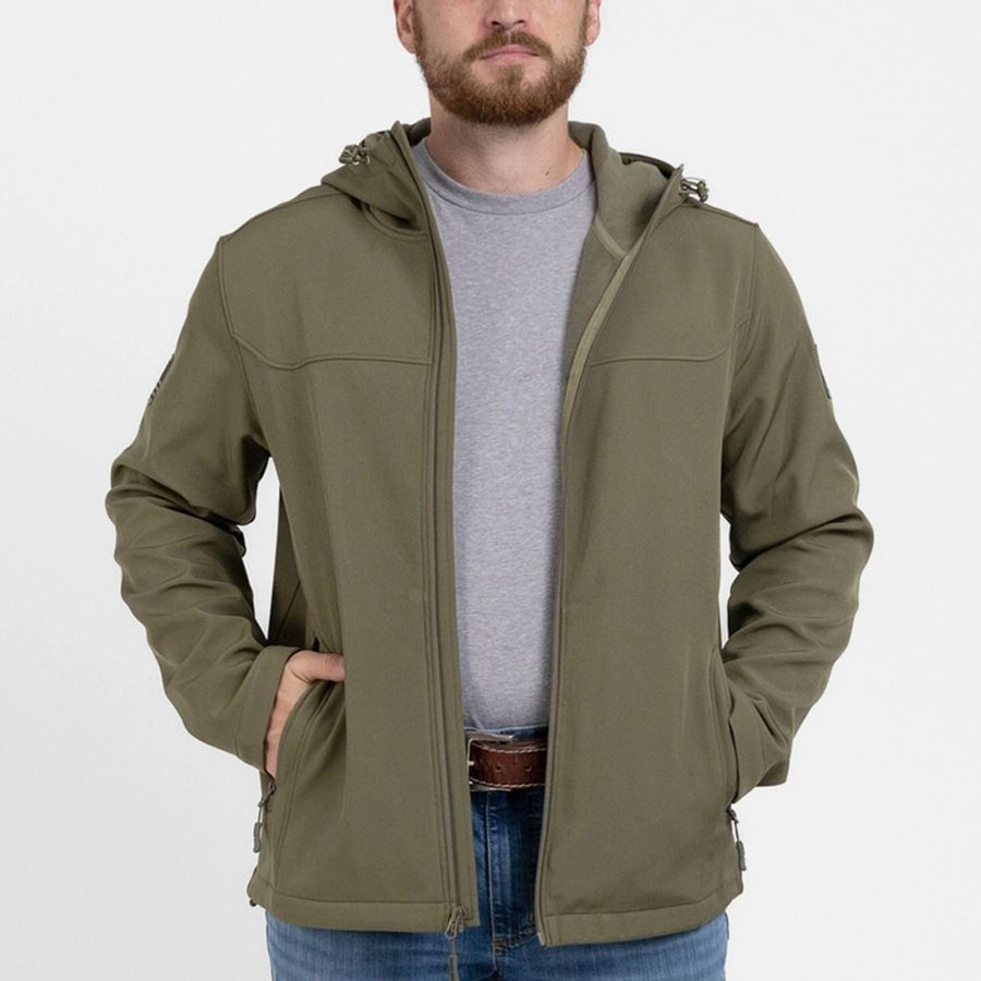 Men's Soft Shell Jacket - Military Green DoubleLayered Collar Transitional Daily Fit