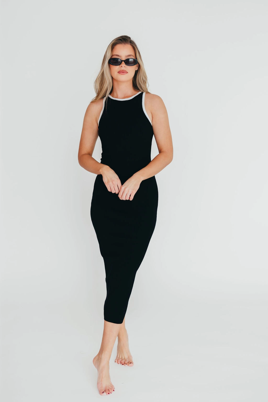 Versatile Layer Juliana Contrast Racerback Tank Dress in Black/White