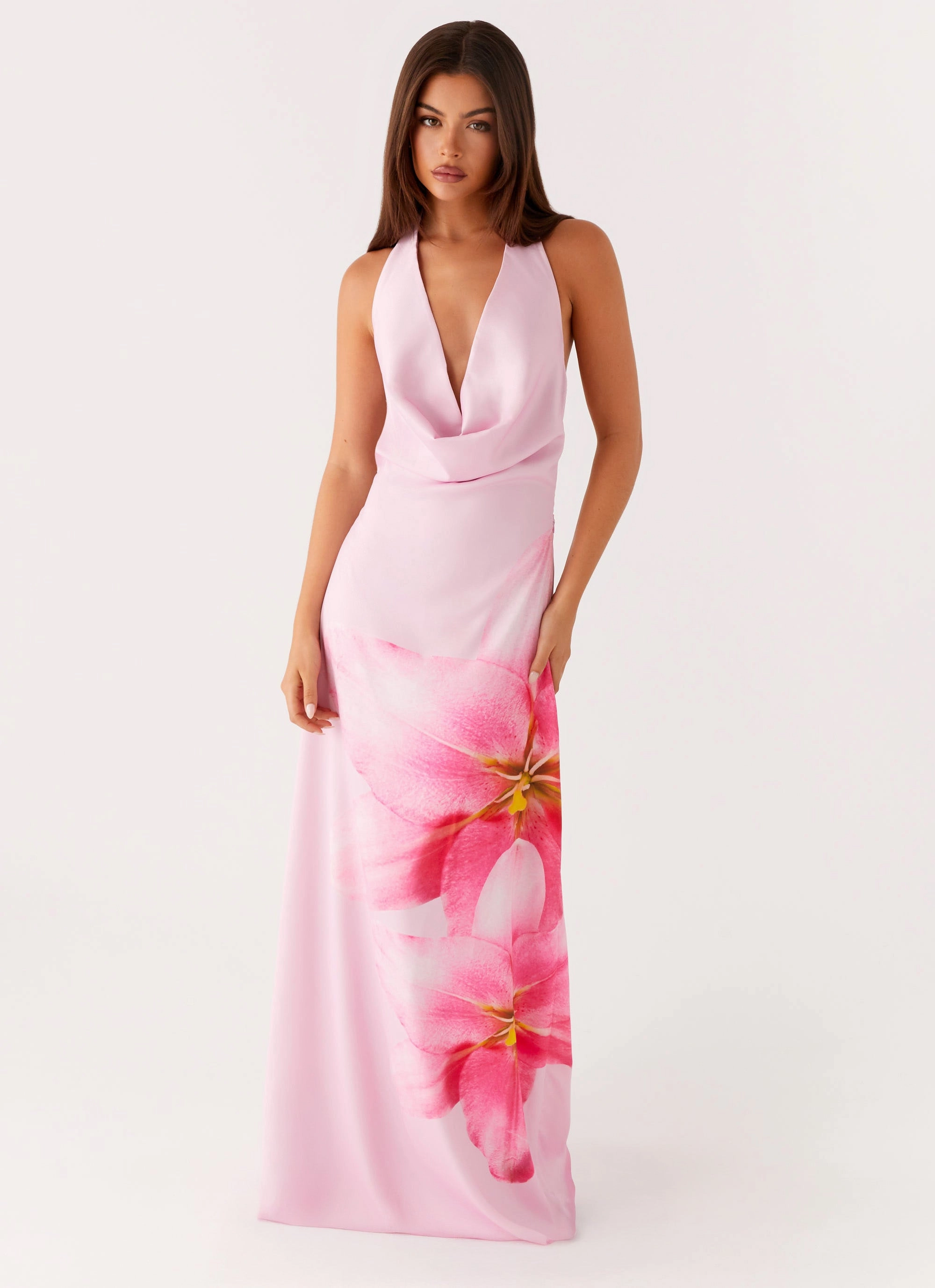 Bryony Cowl Maxi Dress - Pink Trend Texture Floral Swing