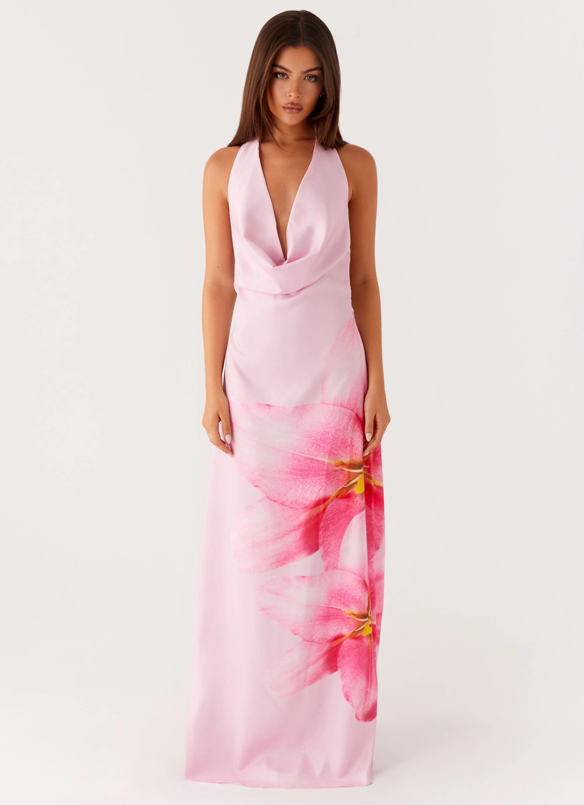 Bryony Cowl Maxi Dress - Pink Satin-Sleeve