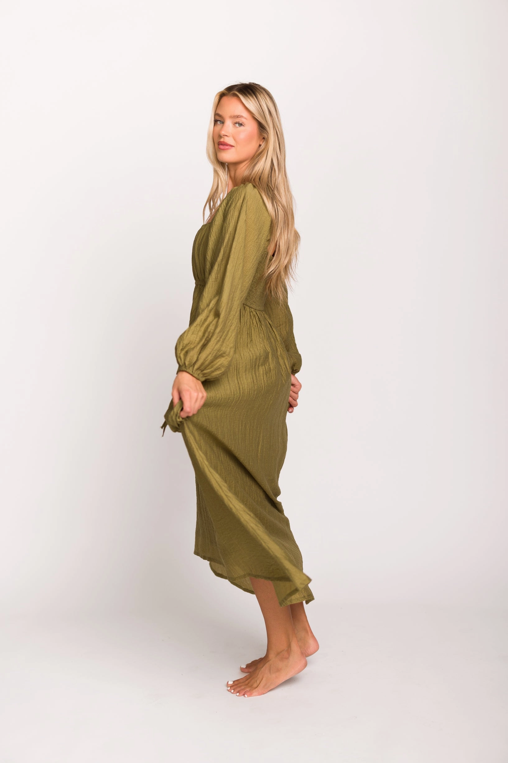 Pleated design Ariana Long Sleeved Maxi Dress with Slouchy Pocket in Olive *Final-Sale*