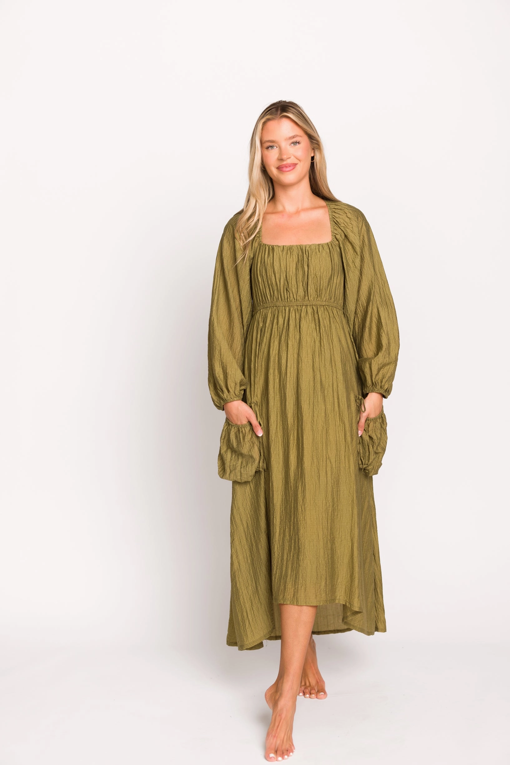 Summer Ease Ariana Long Sleeved Maxi Dress with Slouchy Pocket in Olive *Final-Sale*