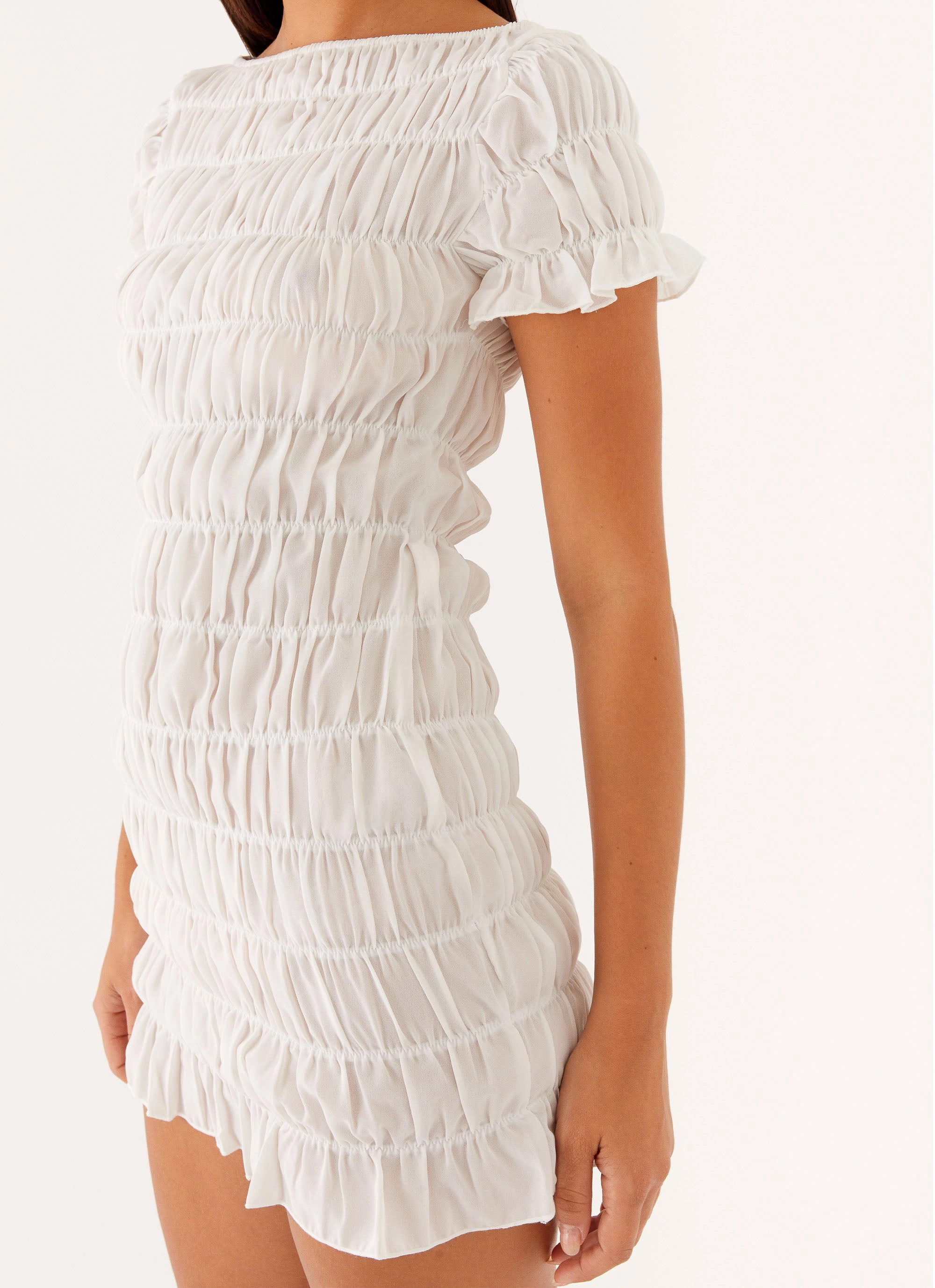 Rita Ruched Mini Dress - White Gemstone-Detail Minimal Cut