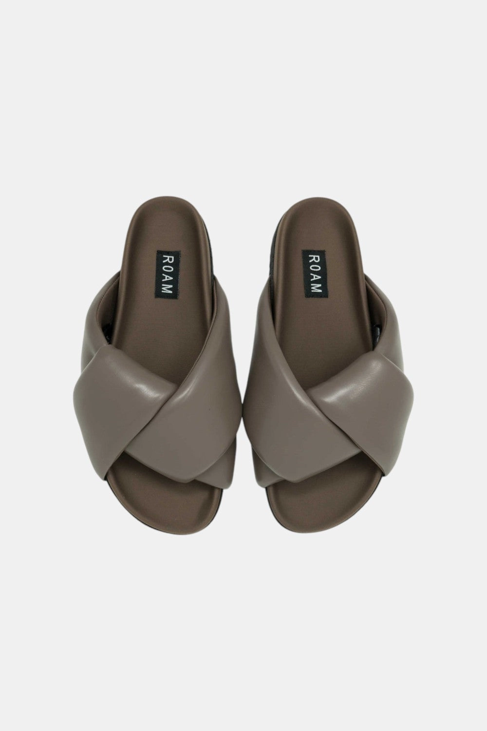 Roam Foldy Puffy Slides in Taupe Vegan Leather Adjustable Laces