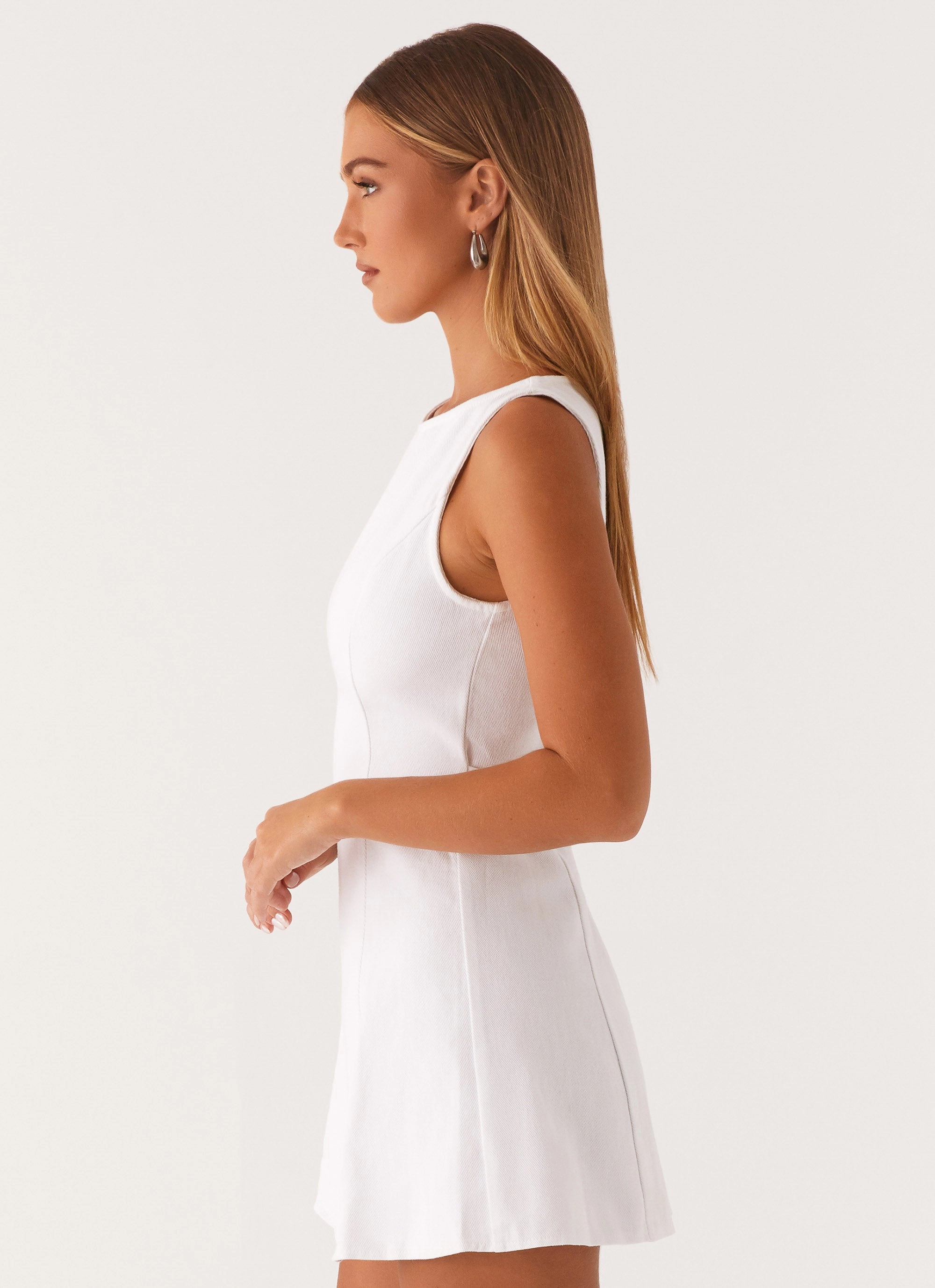 Earth-Tone Rochelle Denim Mini Dress - White