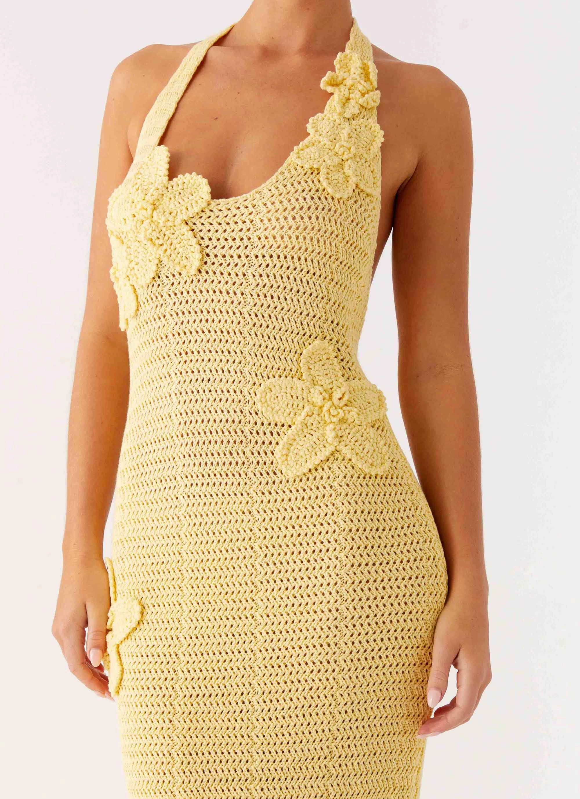Novalee Flower Crochet Maxi Dress - Yellow Off-Shoulder Side-Zip
