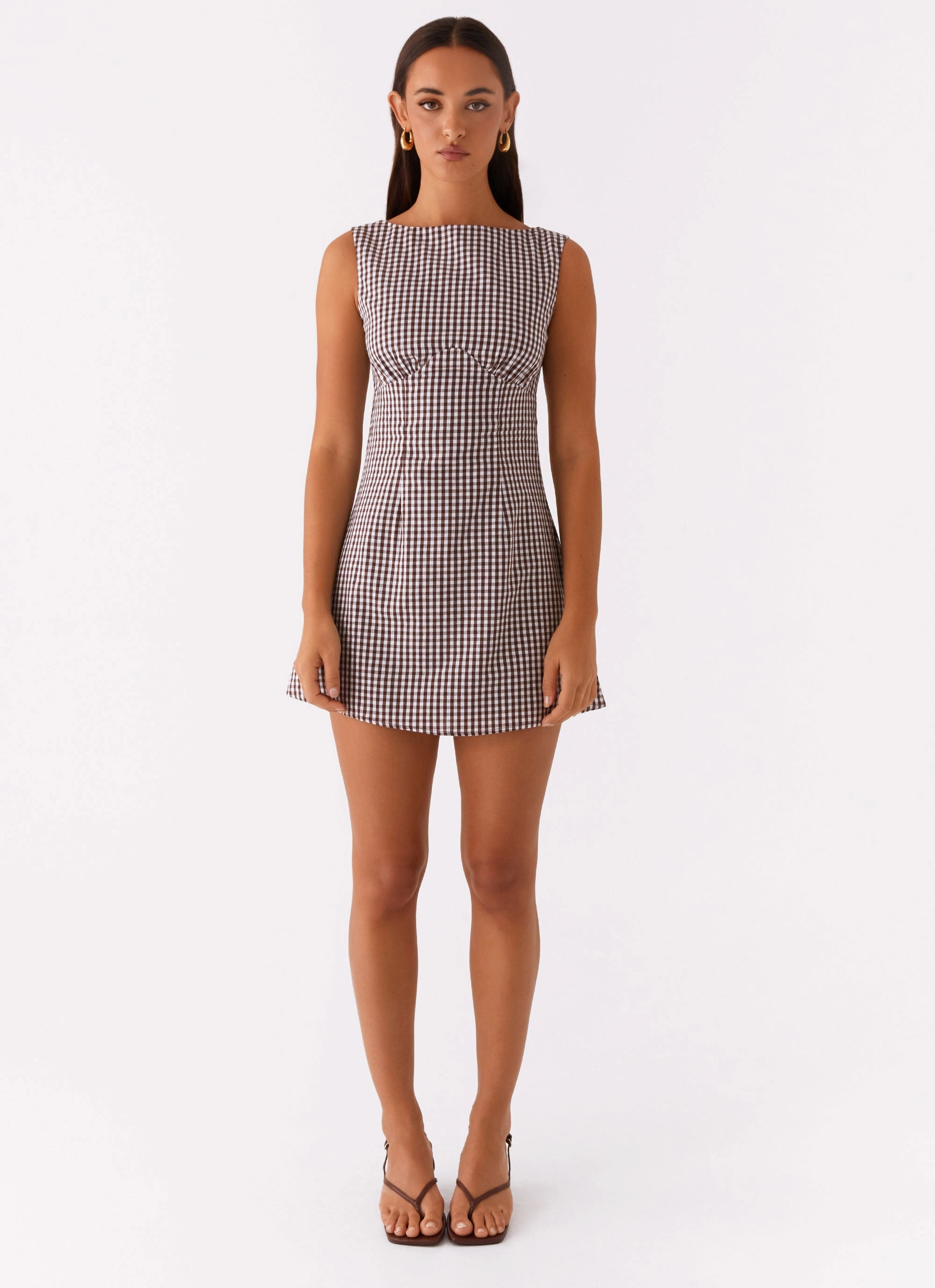 Crisp Silhouette Lotus Tie Back Mini Dress - Chocolate Gingham