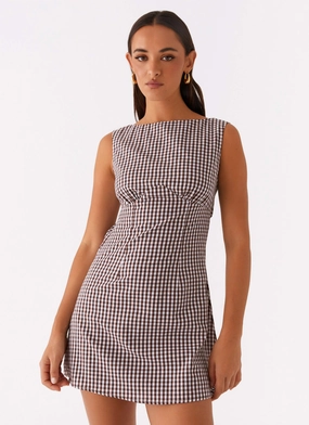 Office Smart Lotus Tie Back Mini Dress - Chocolate Gingham