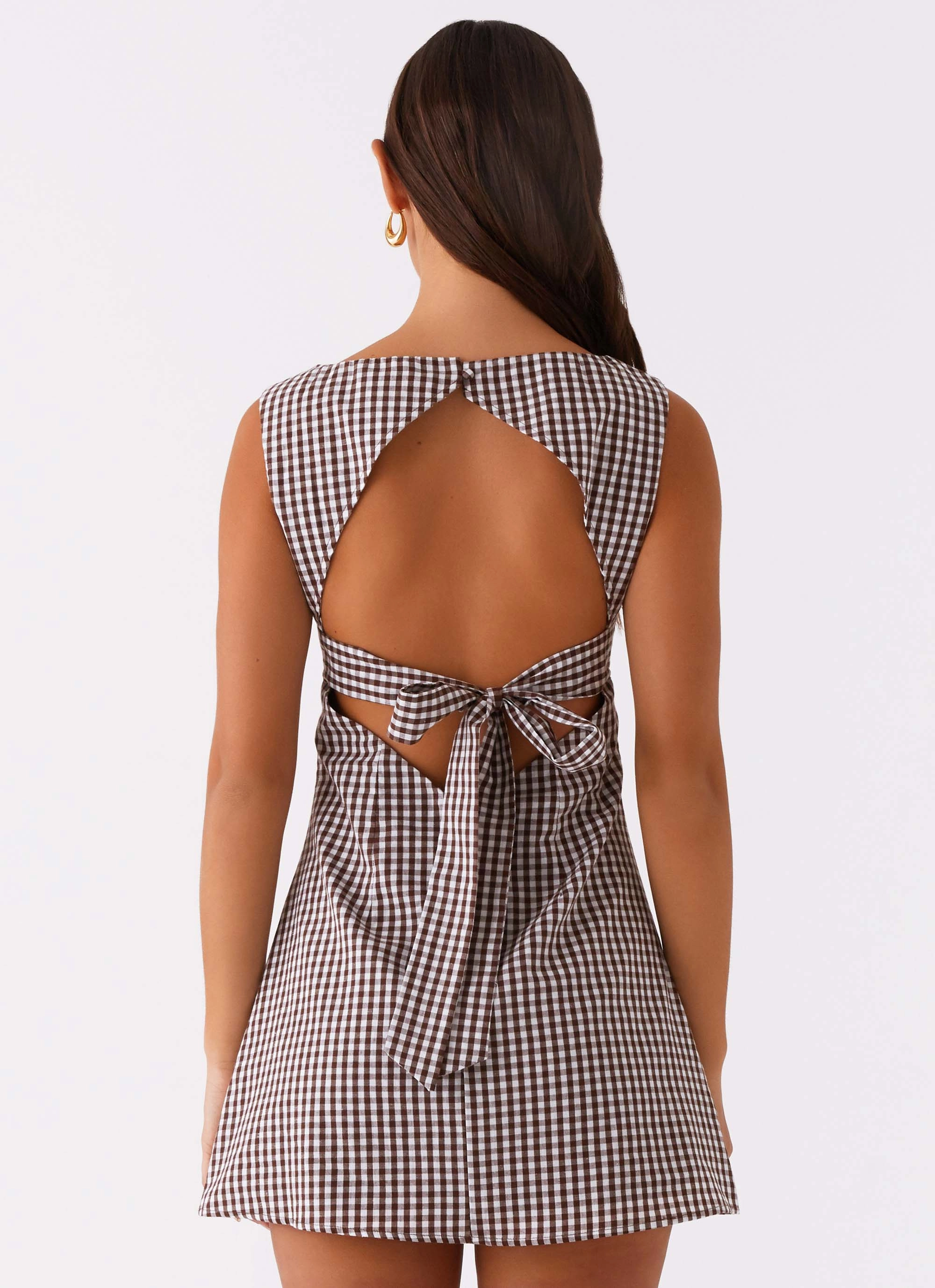 Basic Warm Lotus Tie Back Mini Dress - Chocolate Gingham