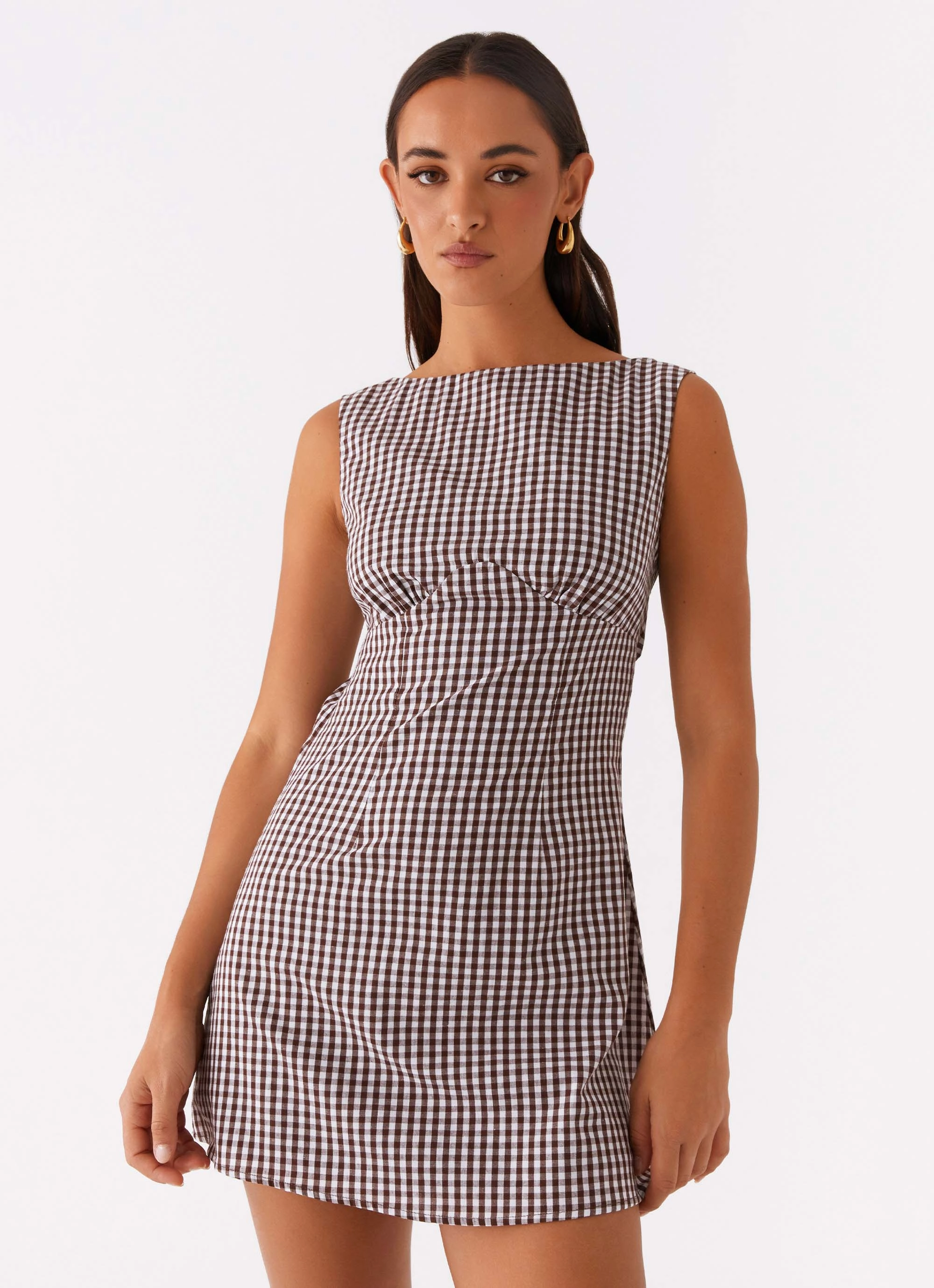 Office Smart Lotus Tie Back Mini Dress - Chocolate Gingham
