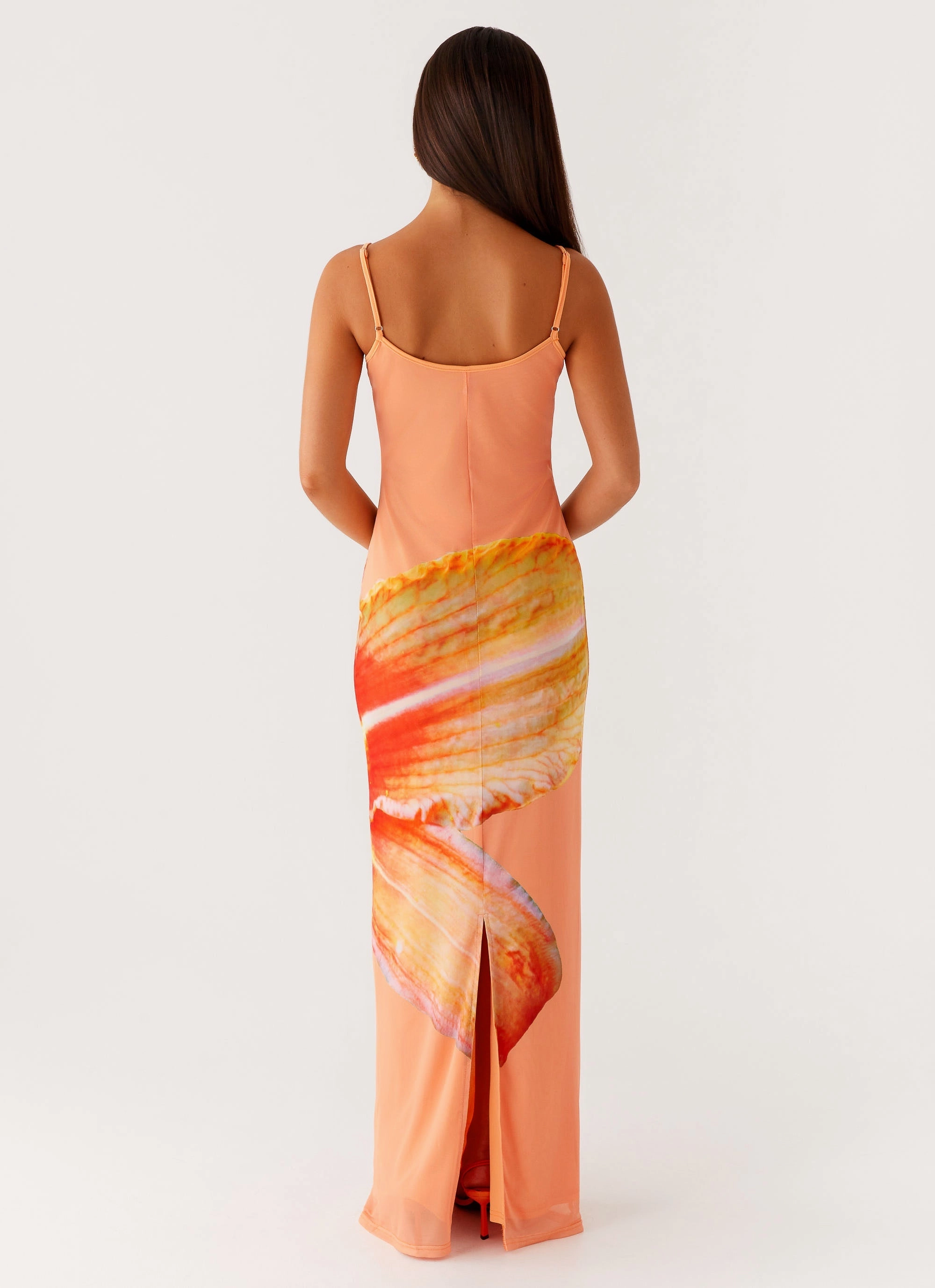 Upgrade-Option Flexible Mood Bad News Mesh Maxi Dress - Orange Floral