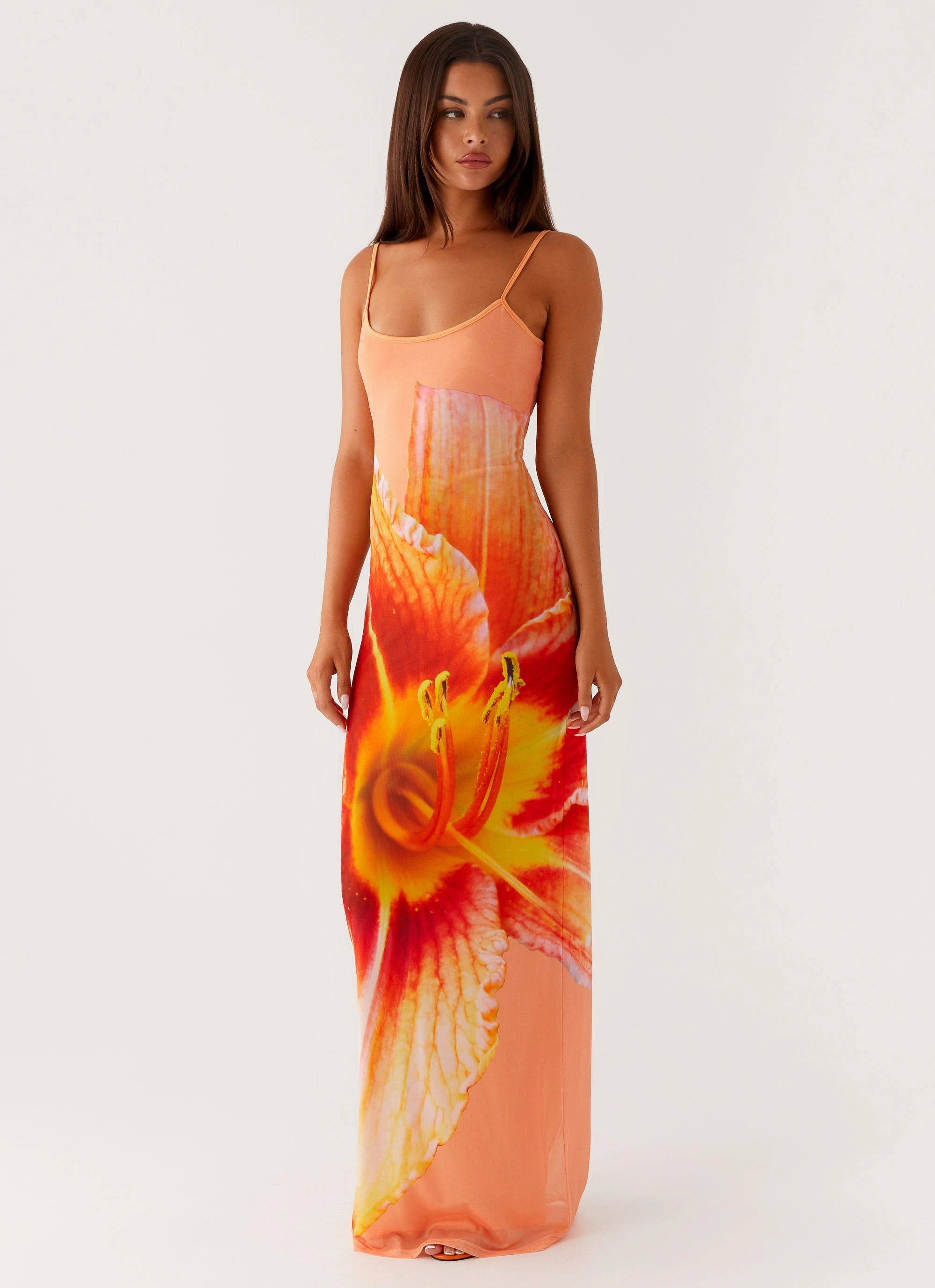 Bad News Mesh Maxi Dress - Orange Floral Winter-Season