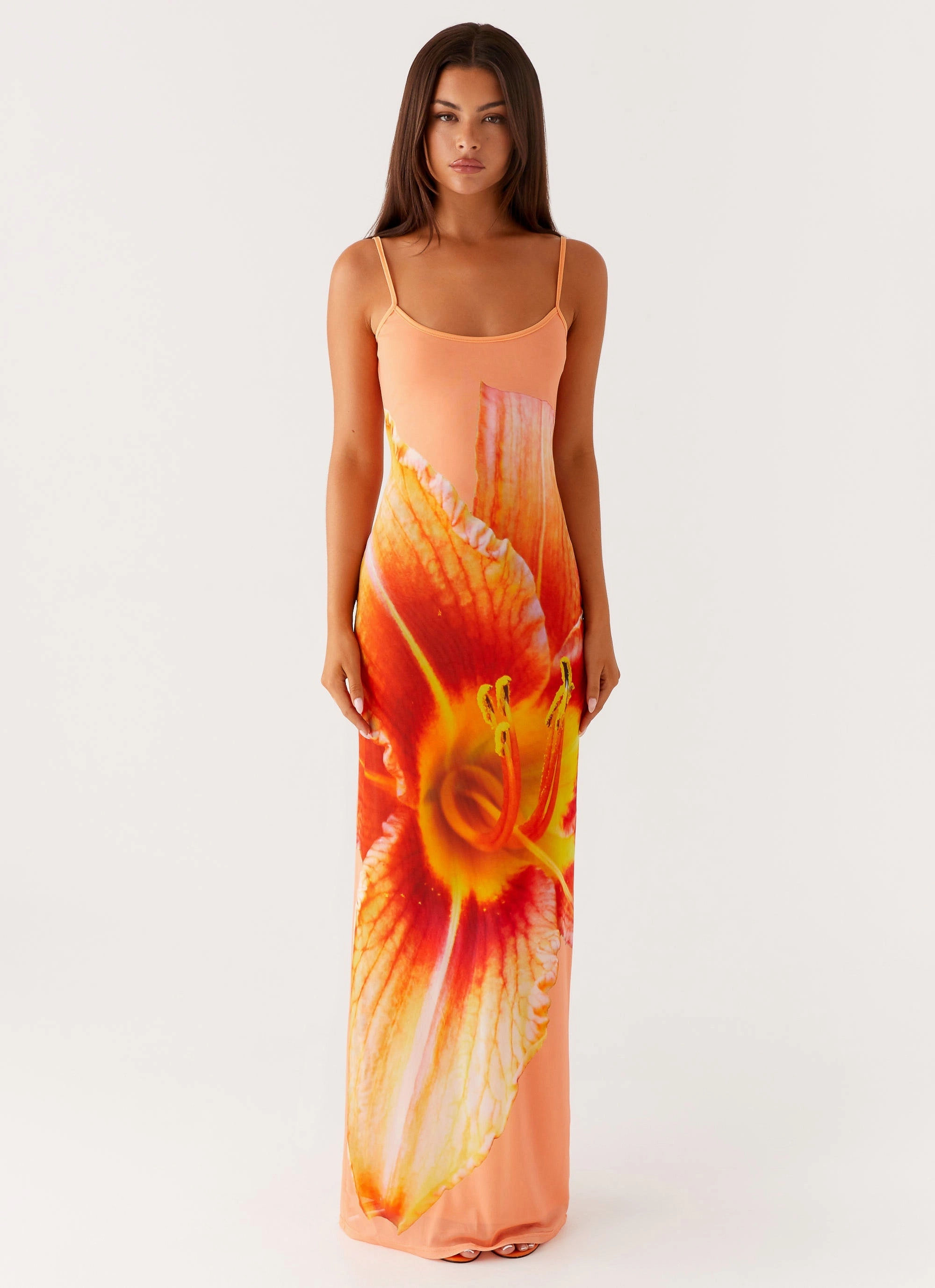 Travel Ready Bad News Mesh Maxi Dress - Orange Floral
