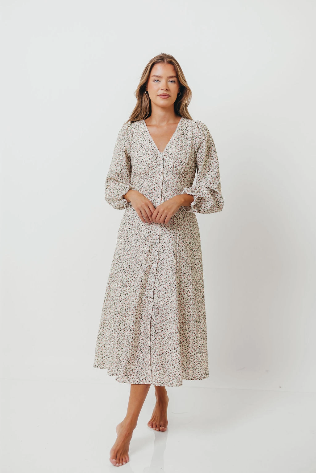 Sadie Floral Midi Dress in Vintage English Rose Minimalist feel Button Chic