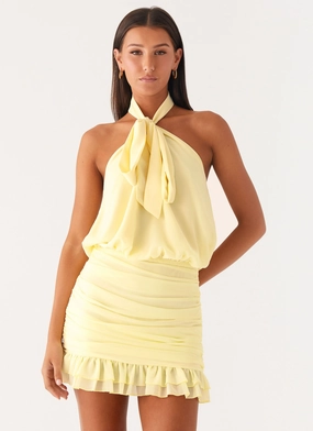 Saebi Tie Neck Mini Dress - Lemon Fresh Color Youth Charm