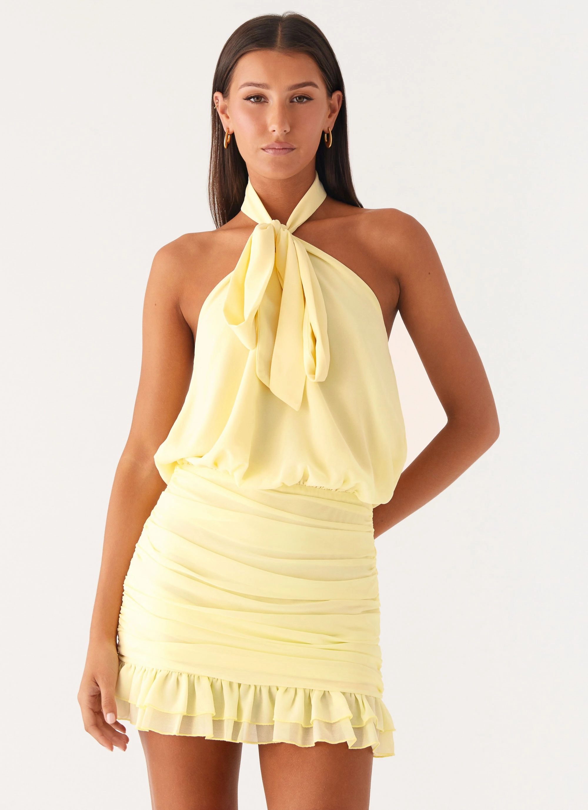 Saebi Tie Neck Mini Dress - Lemon Fresh Color Youth Charm