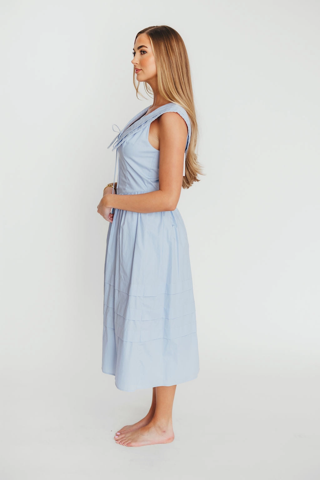 Calm Beauty Sailor 100% Cotton Collared Midi Dress in Blue