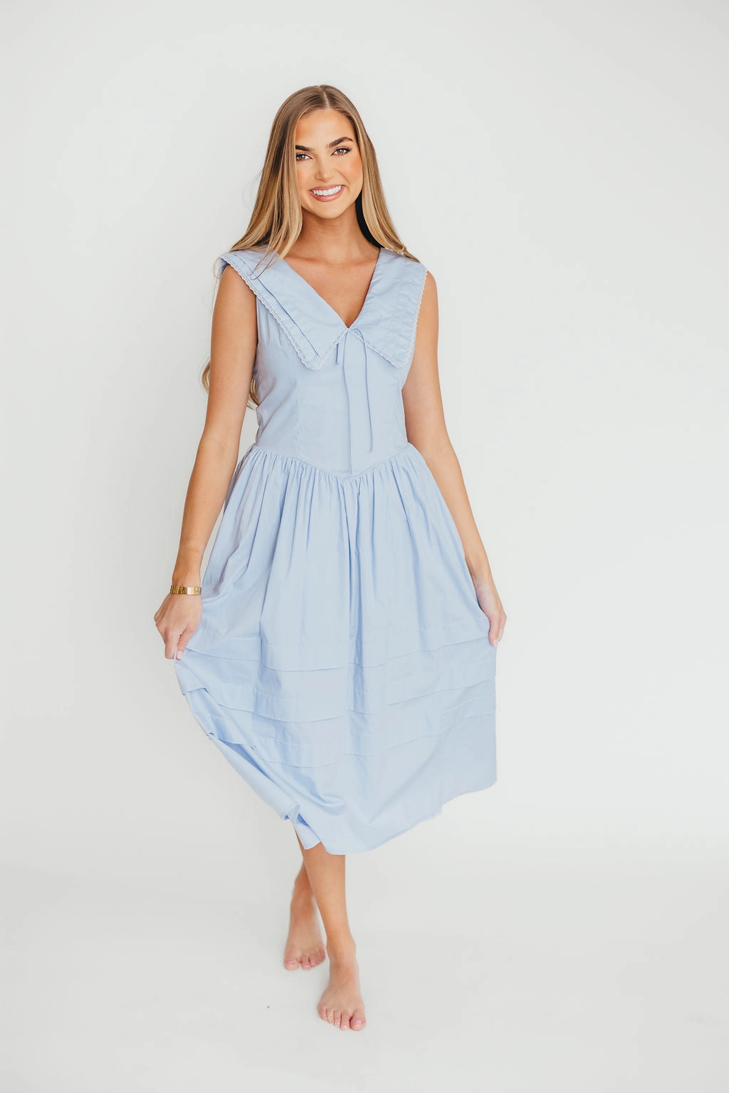 Sailor 100% Cotton Collared Midi Dress in Blue Casual Vibes Fit for All Seasons
