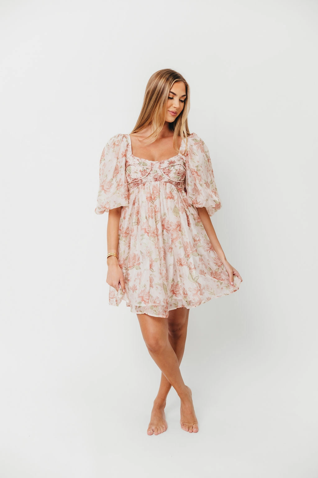 Saint Malo Floral Smocked Mini Dress in Peach *Final-Sale* Wrap style Weekend Edge