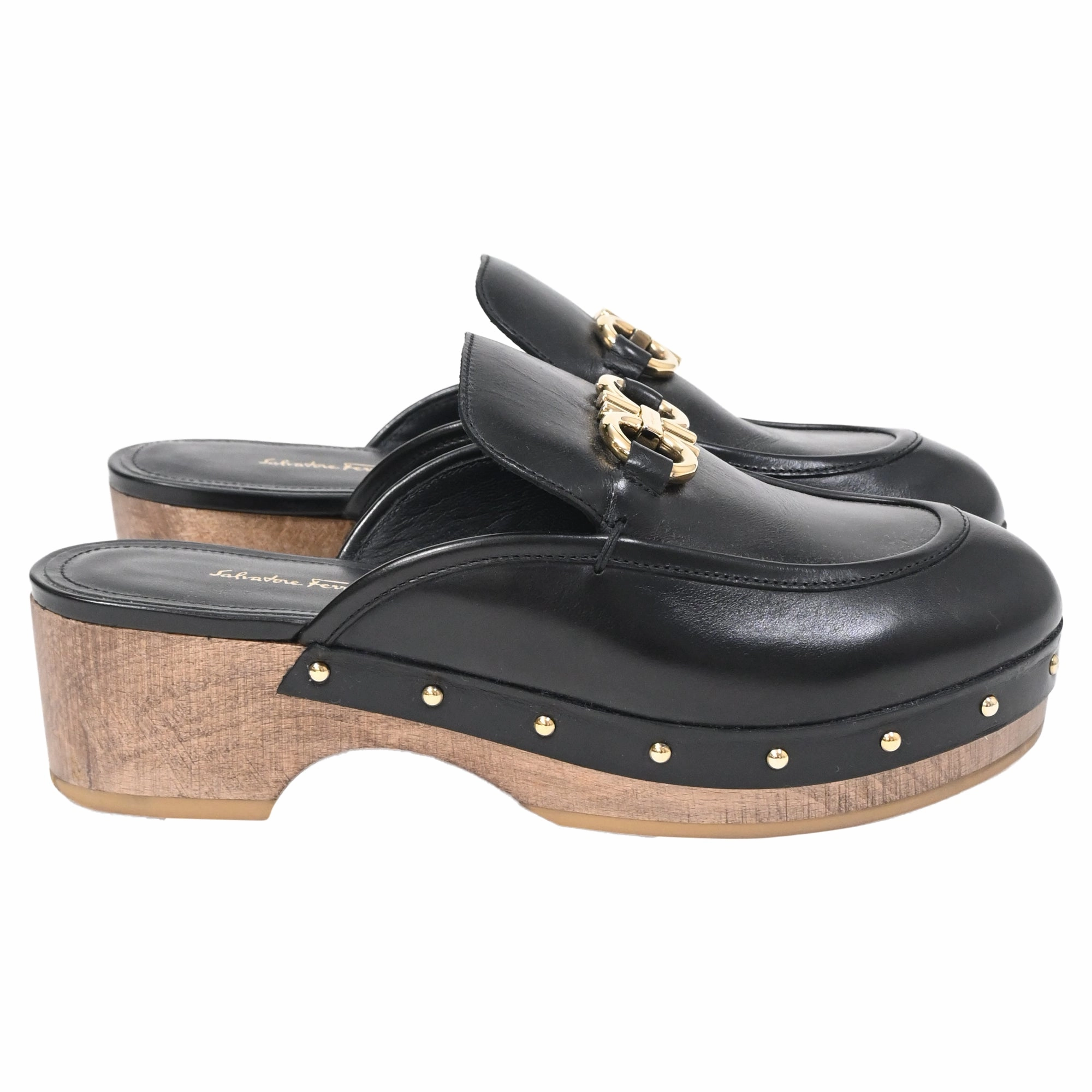 Salvatore Ferragamo Cleome Clog Mules in Black Leather Easy Foot Comfort