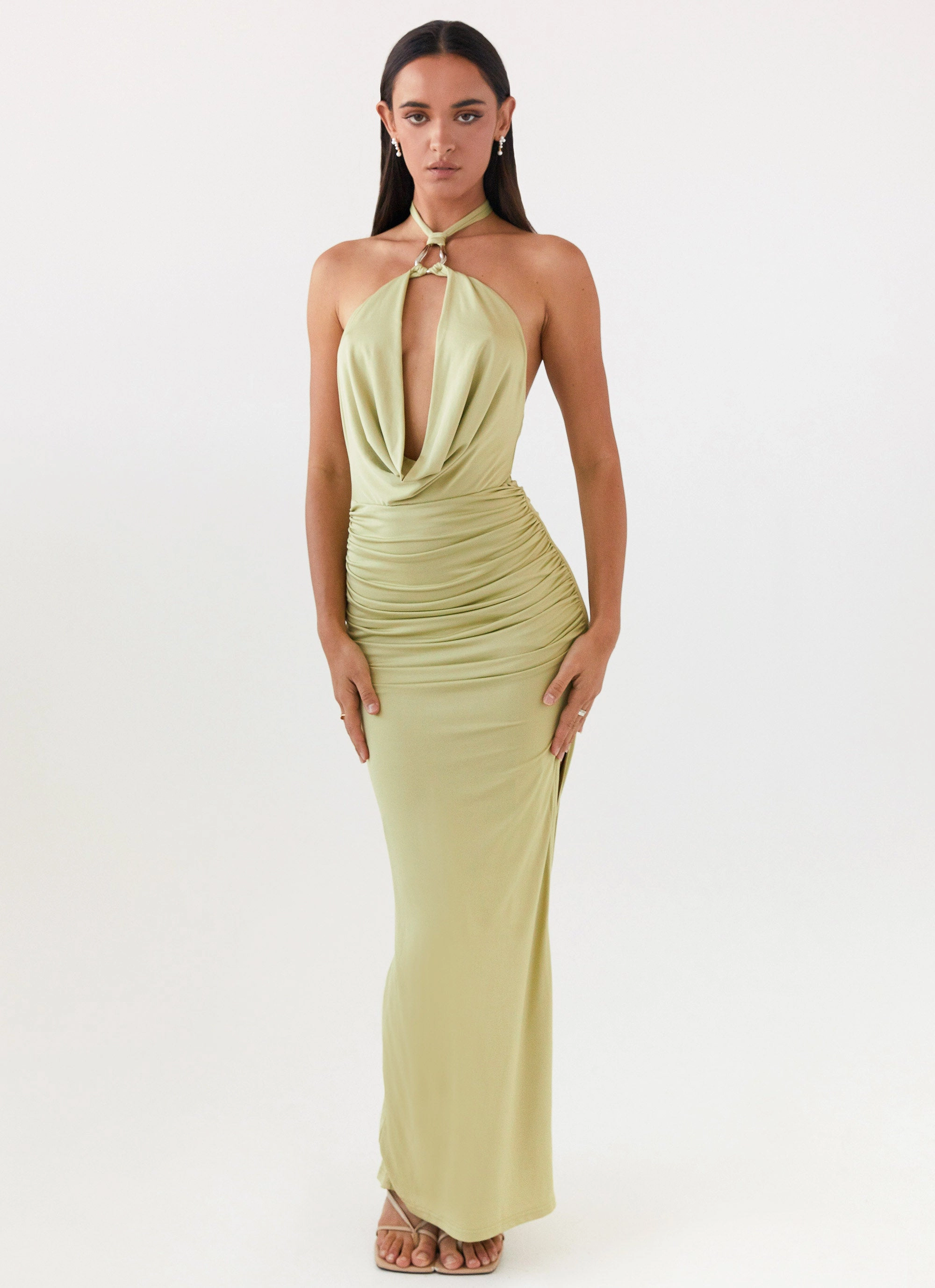 Elegant Line Calm Shine Samara Halterneck Maxi Dress - Sage