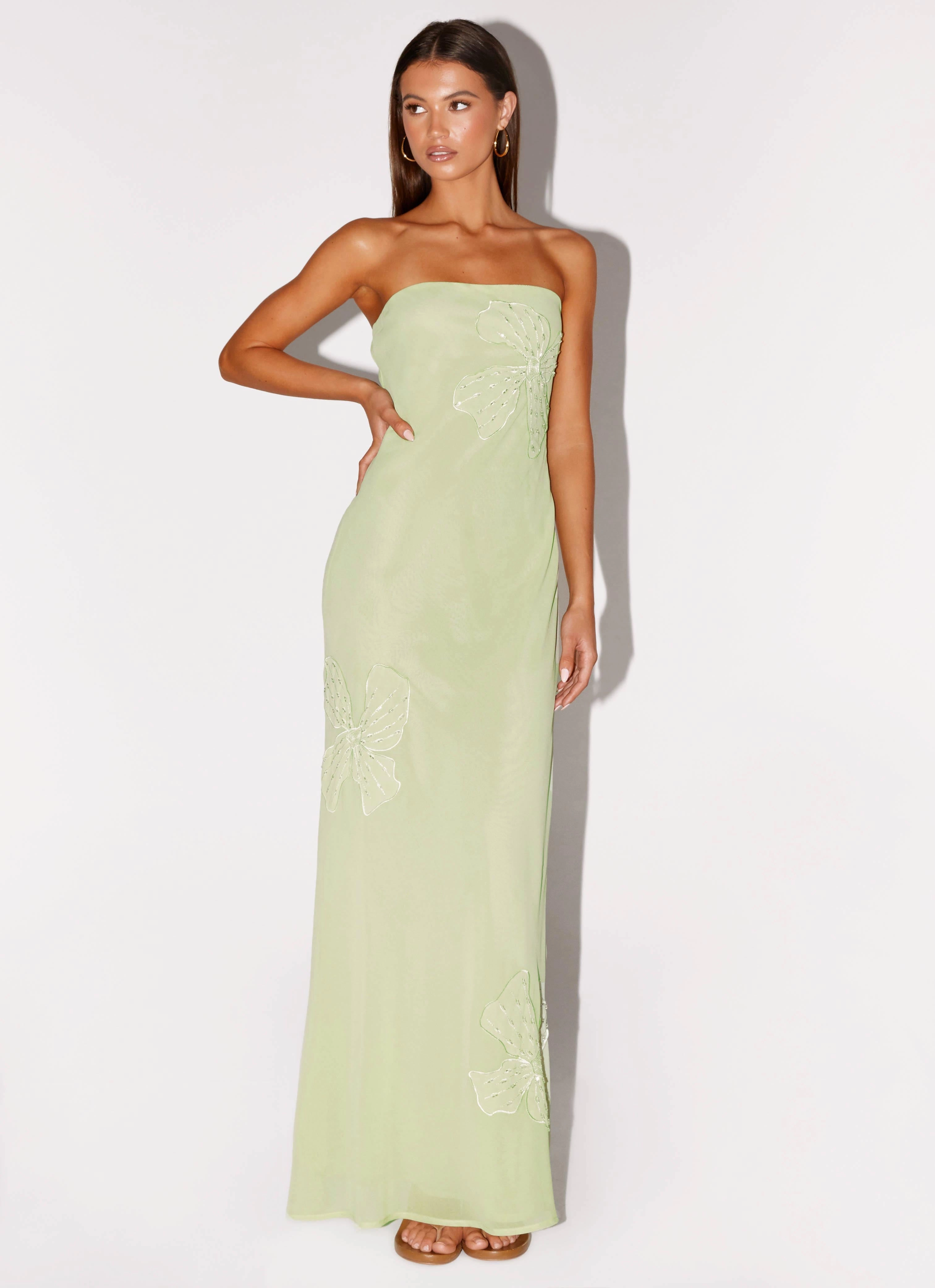 Golden Scene Summer Soft Sassafras Beaded Flower Strapless Maxi Dress - Lime