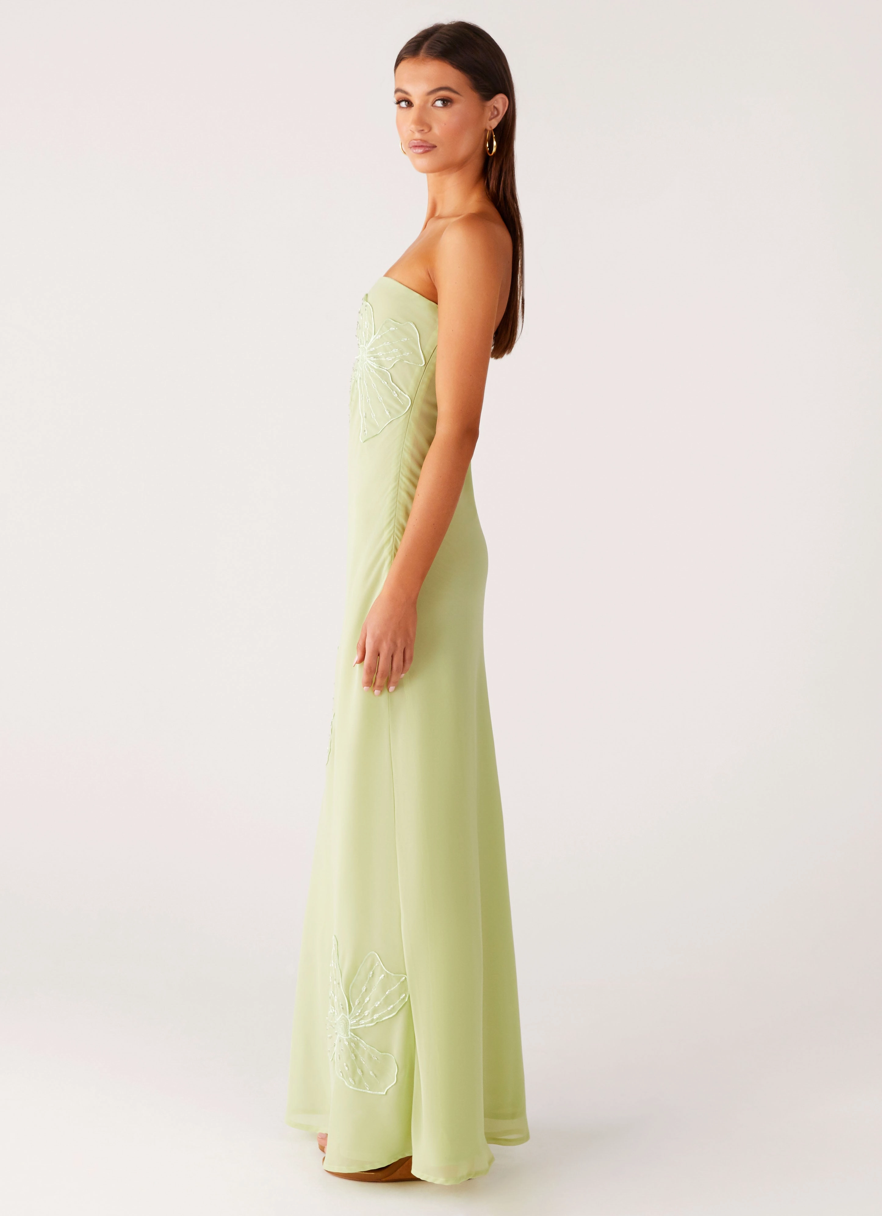 Sassafras Beaded Flower Strapless Maxi Dress - Lime Gentle Drape