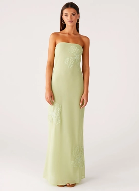 Designer-Label Sassafras Beaded Flower Strapless Maxi Dress - Lime