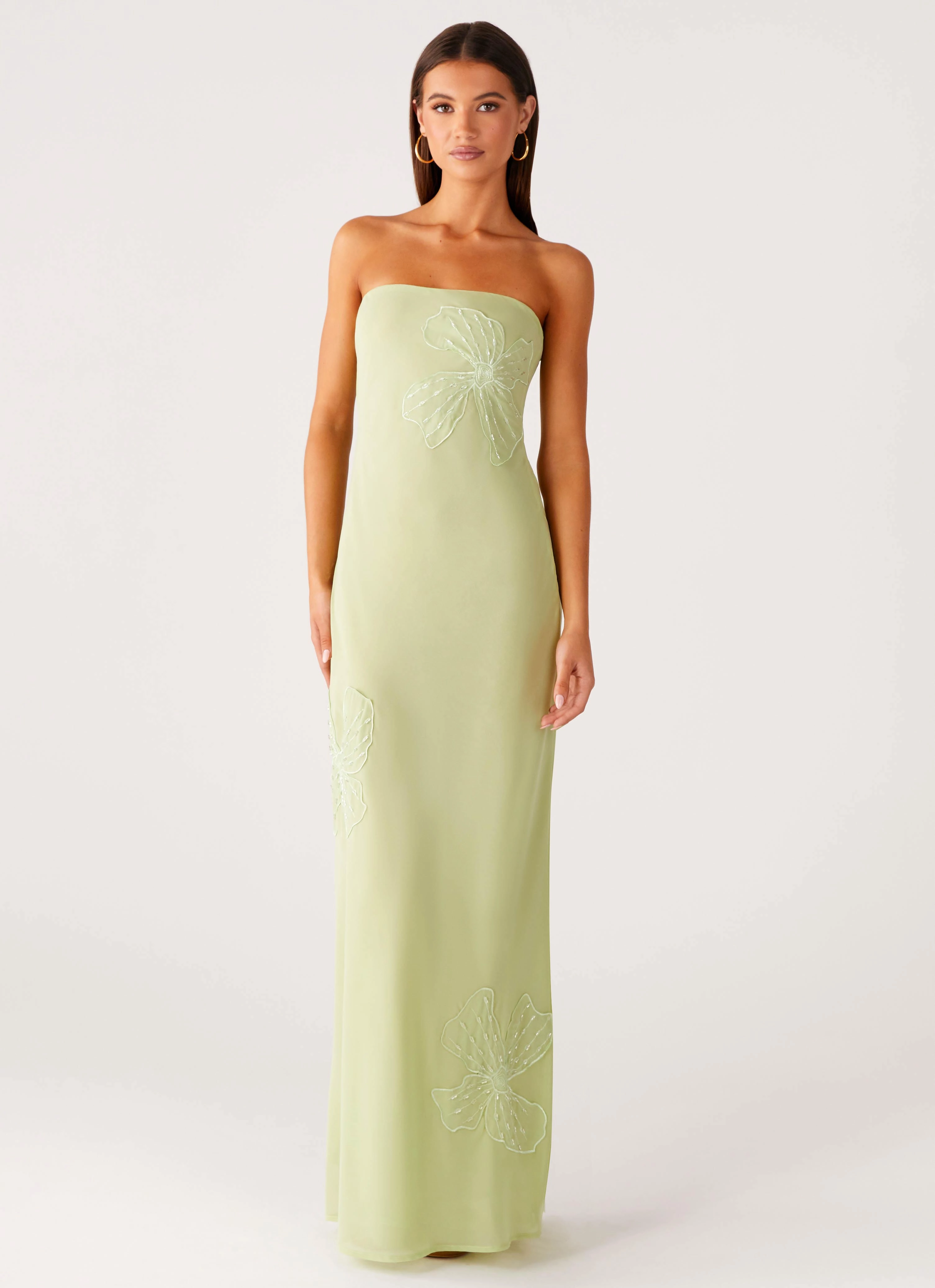 Sassafras Beaded Flower Strapless Maxi Dress - Lime Crisp Finish