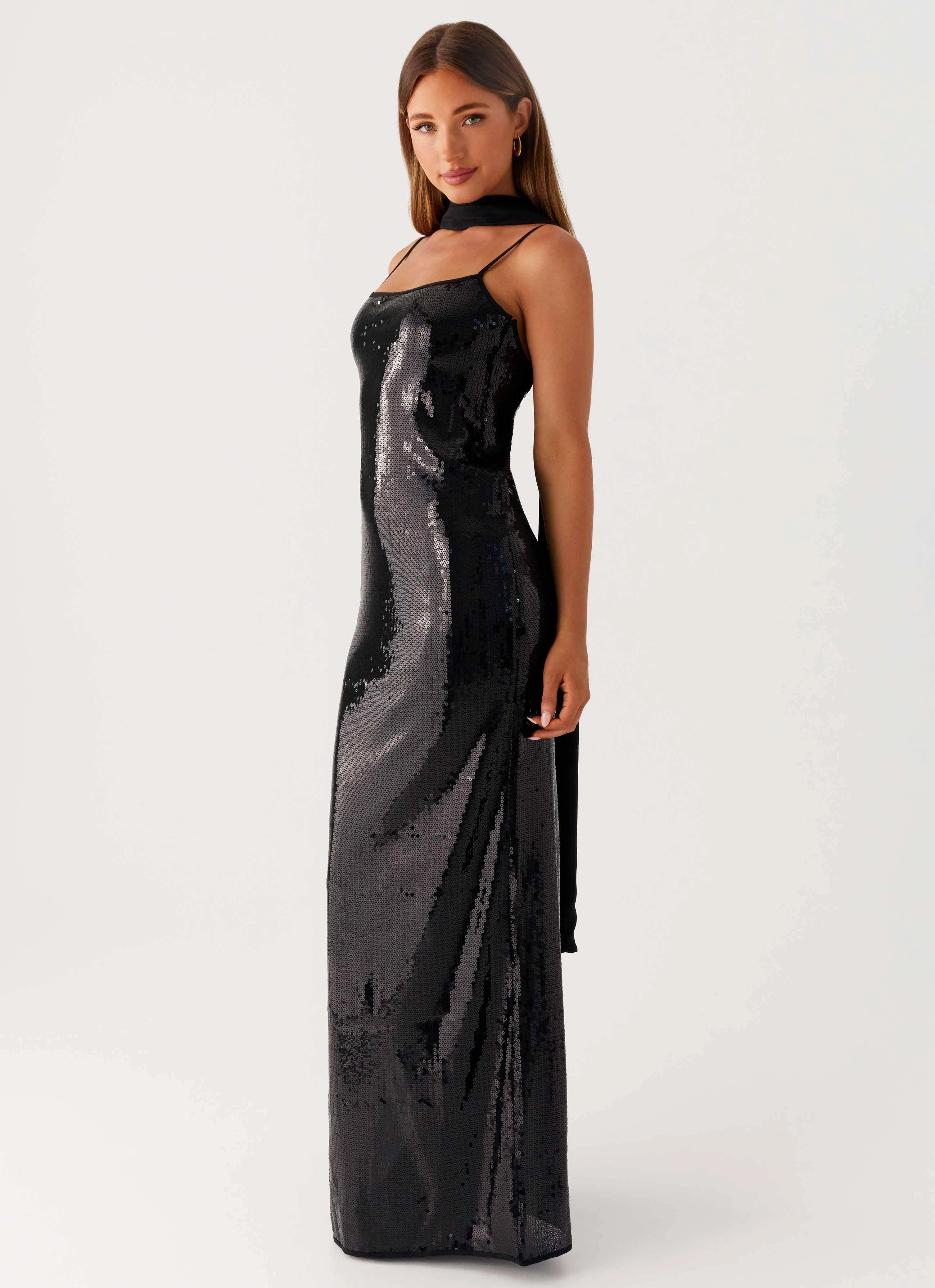 Versatile Edge Edgy Twist Scarf Neck Sequins Maxi Dress - Black
