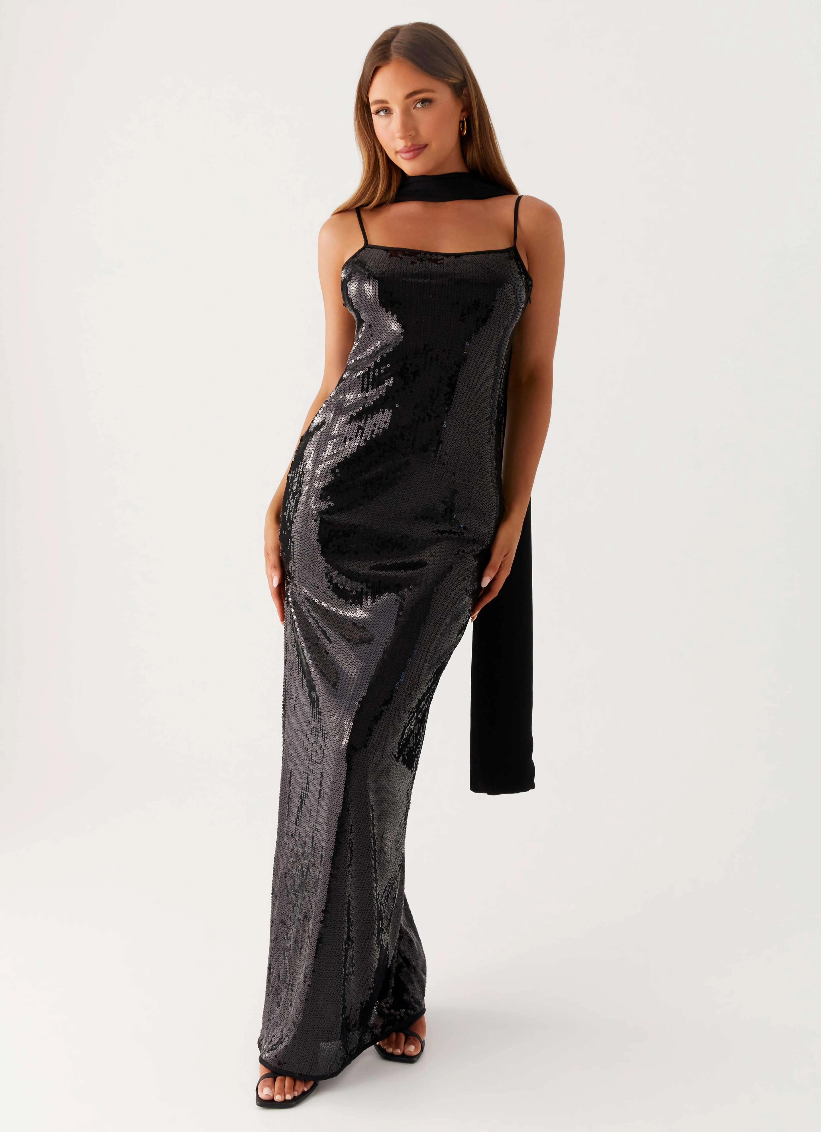 Scarf Neck Sequins Maxi Dress - Black Artistic Edge