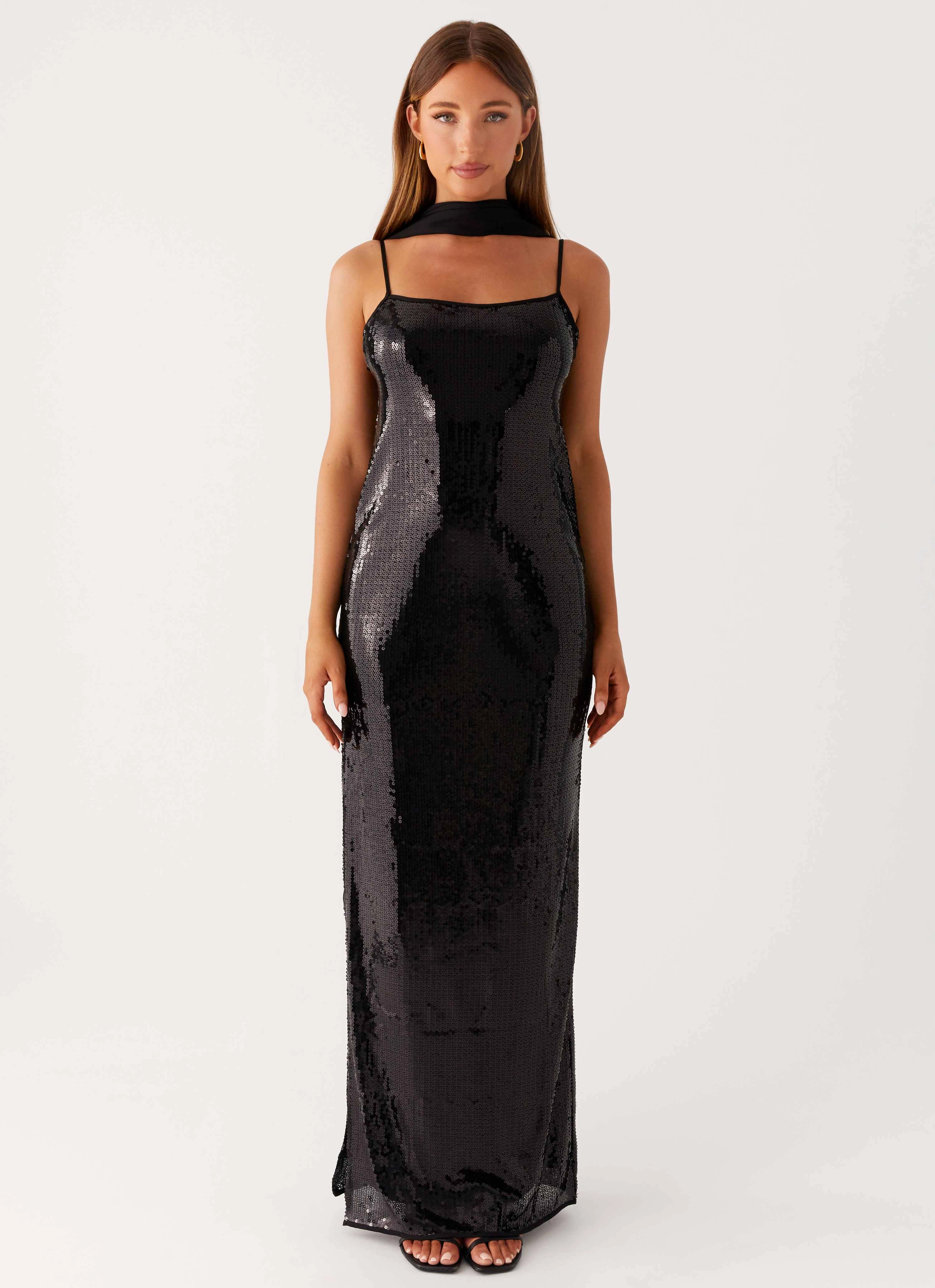 Scarf Neck Sequins Maxi Dress - Black Sleek Flex