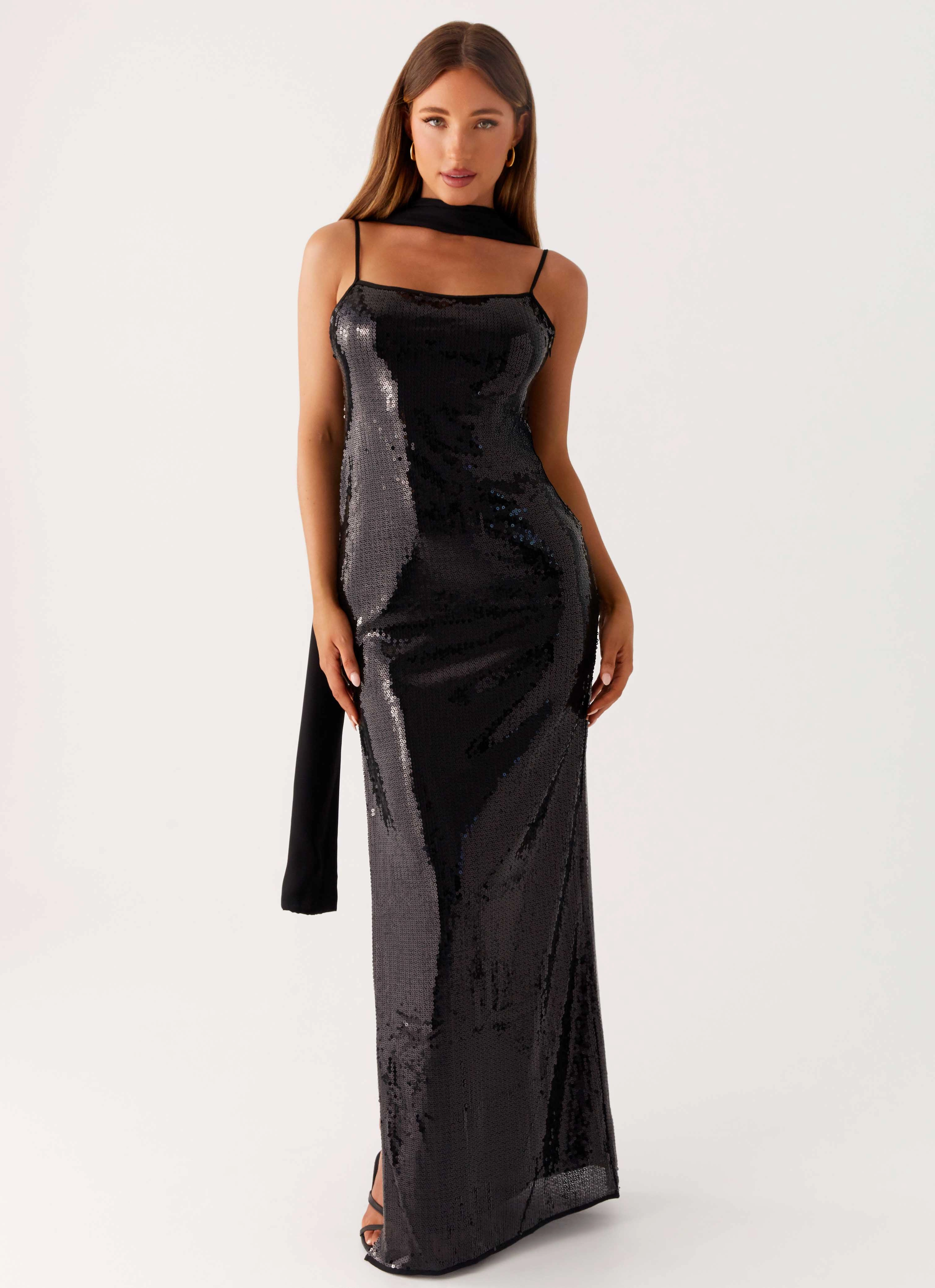 Perfect Wearable Refined Line Scarf Neck Sequins Maxi Dress - Black