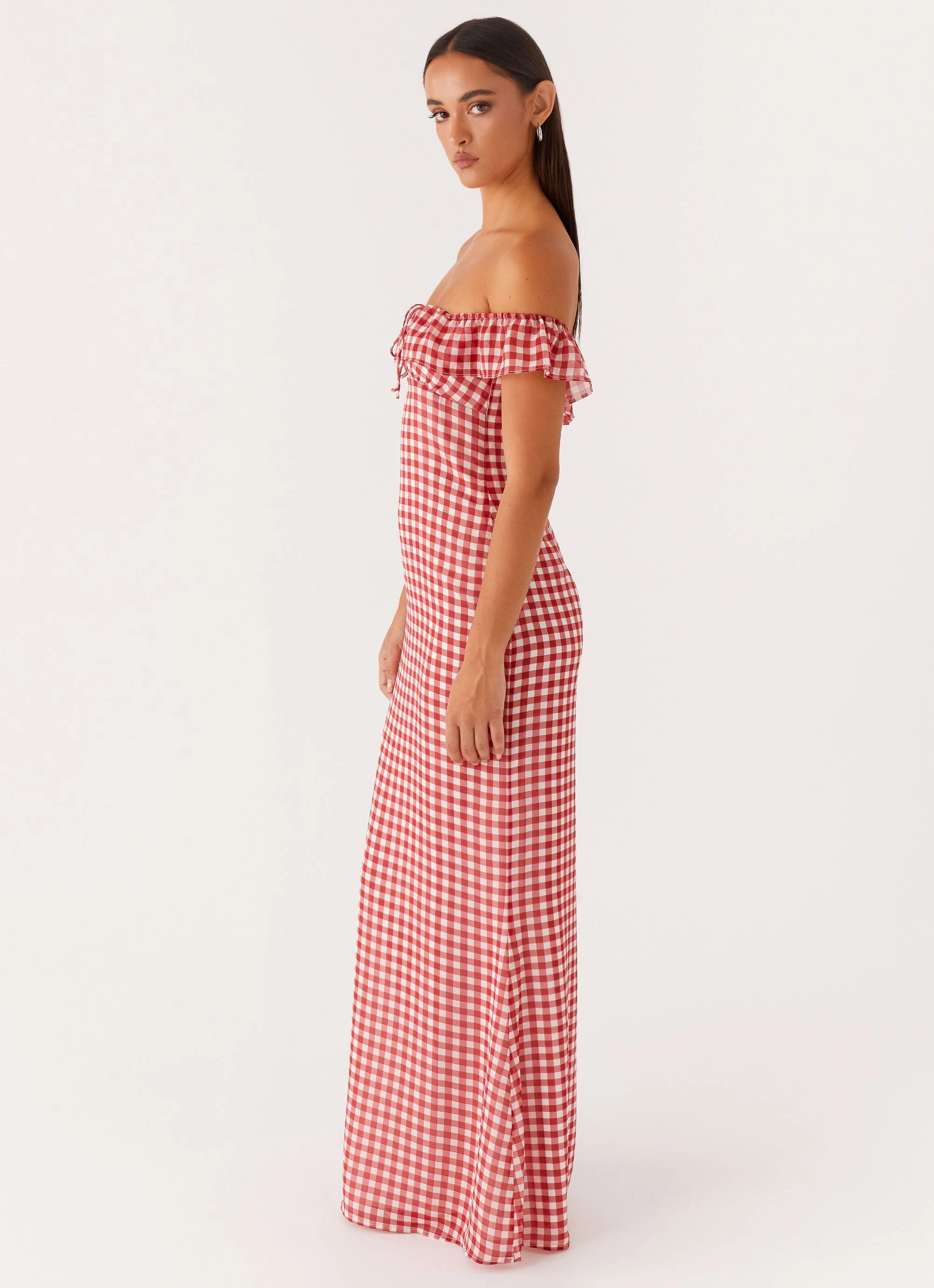 Street Elegance Smooth Surface Scarlet Cherry Maxi Dress - Red Gingham