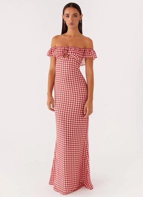 Scarlet Cherry Maxi Dress - Red Gingham Minimalist Fit Smart and Elegant