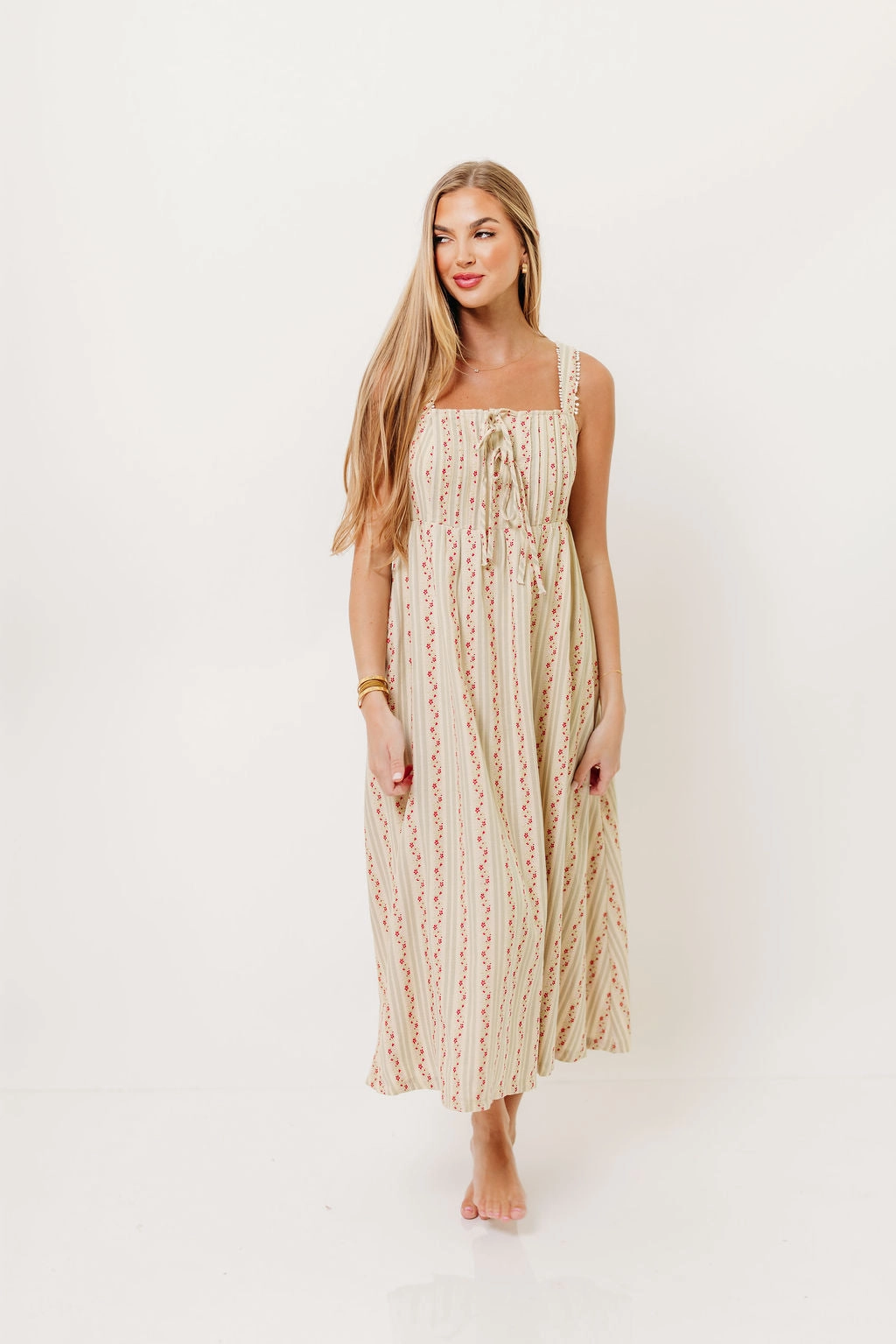 Haley Mae Cotton Floral Embroidered Striped Midi Dress in Sage Trendy Appeal Travel piece