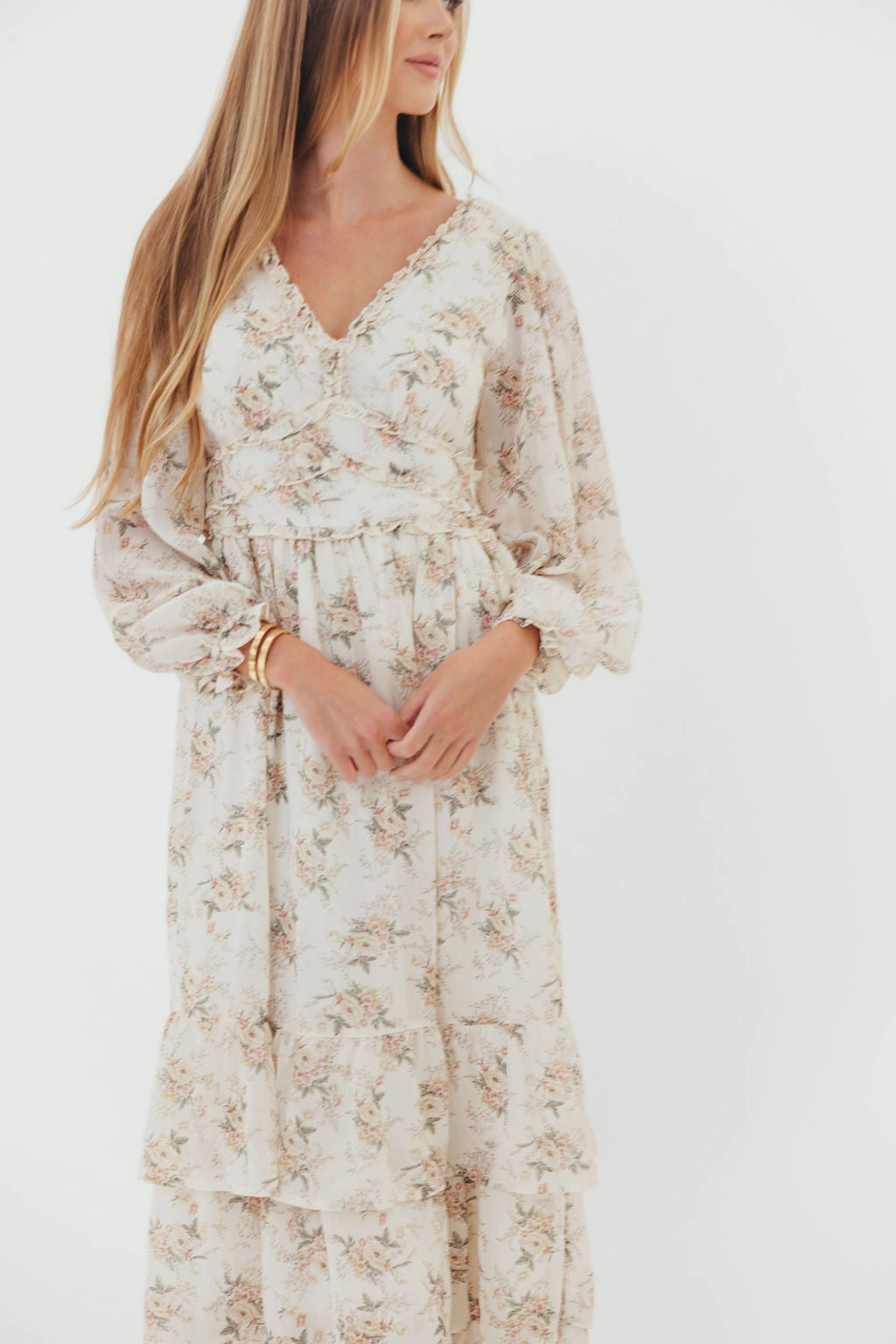 Shenae Ruffled Tiered Floral Maxi Dress in Vintage Cream Comfortable Layer Timeless Line