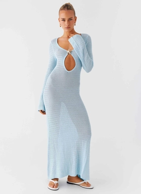 Smart Fashion Fall Piece Seascape Chochet Maxi Dress - Blue